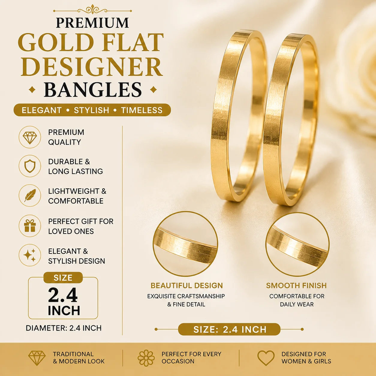 Premium Golden & SILVER Plain Bangles – Size 2.4