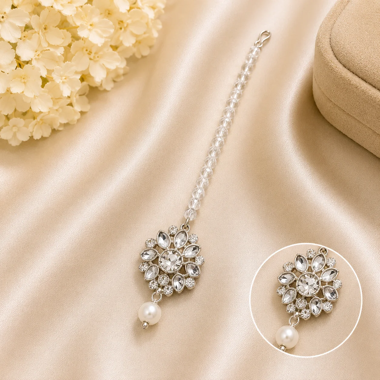 Silver Crystal Floral Maang Tikka with Pearl Drop