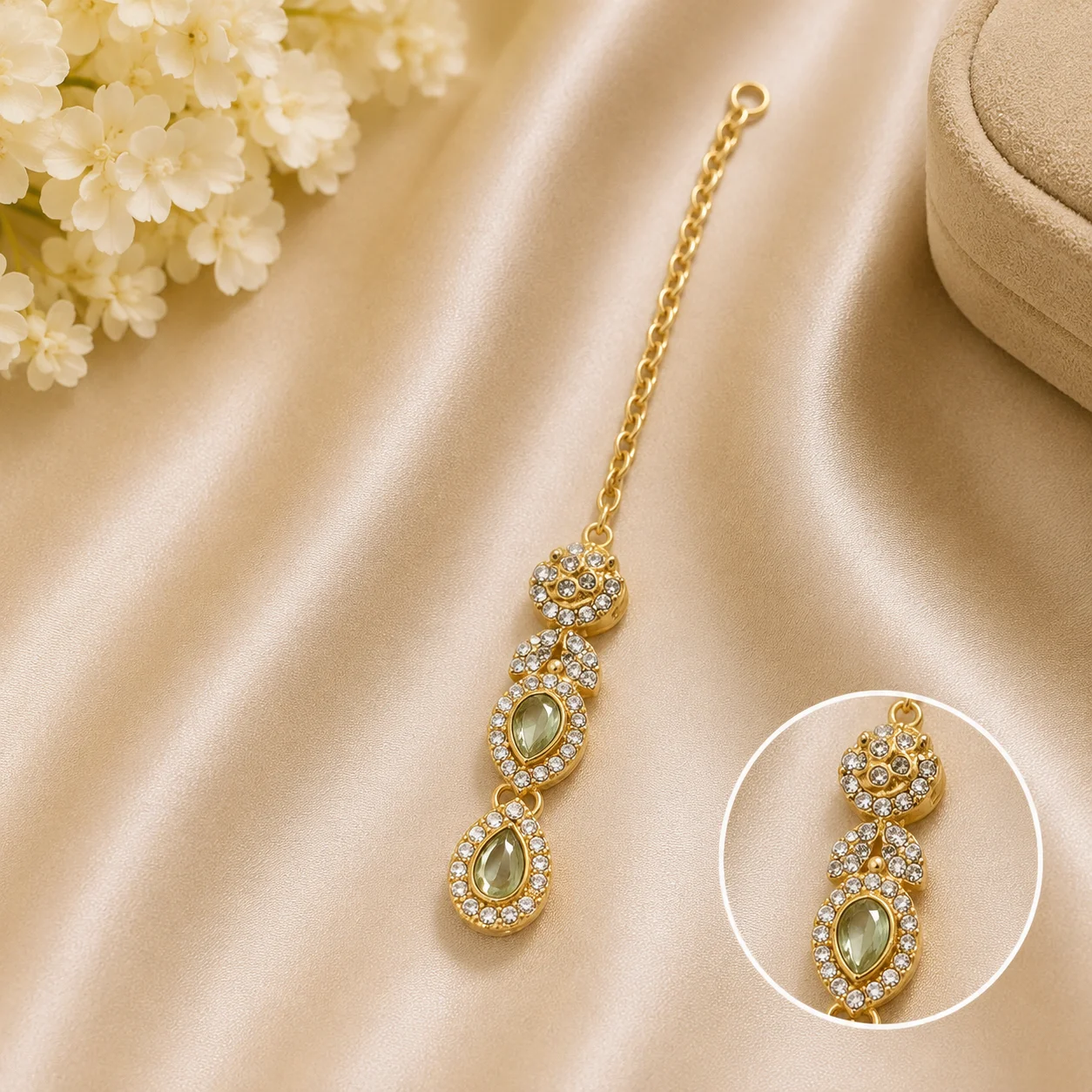 Gold Crystal Maang Tikka with Green Teardrop Stone