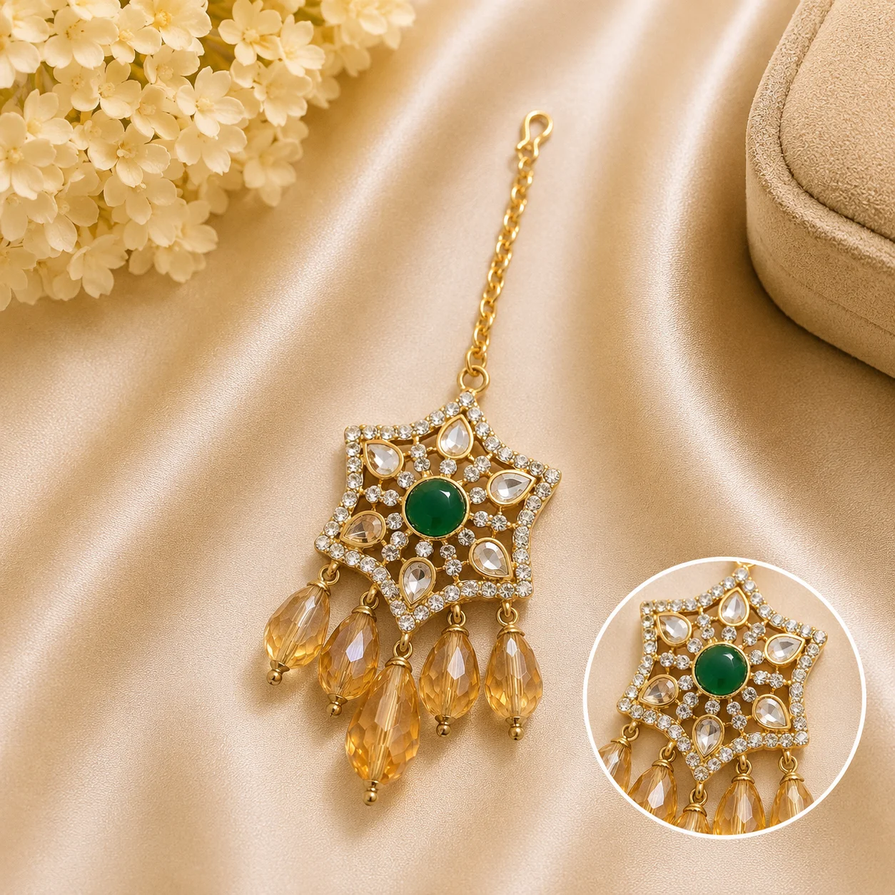 Gold Star Design Maang Tikka with Green Stone & Amber Crystal Drops