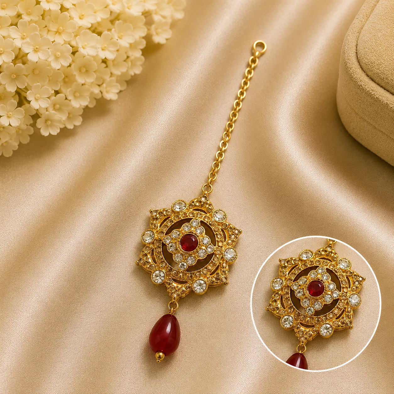 Gold-Plated Ruby Crystal Maang Tikka