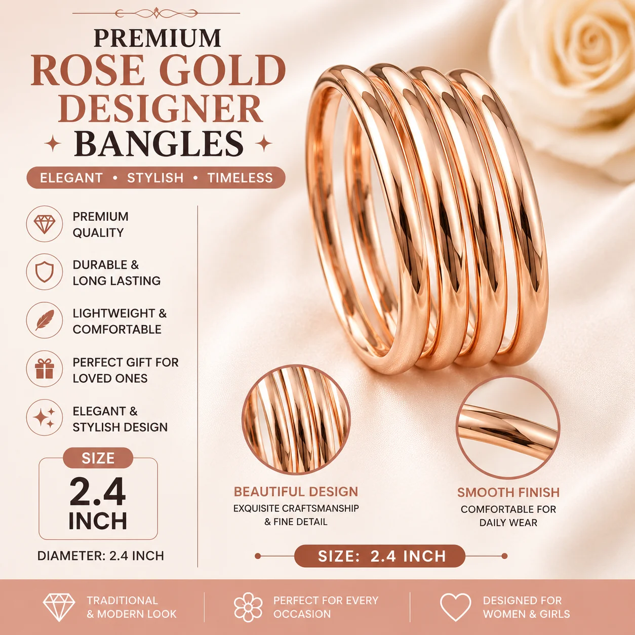 Premium Rose Gold Plain Bangles – Size 2.4