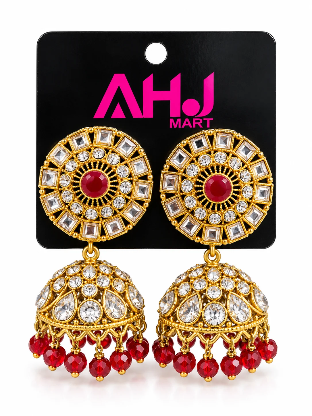 Gold Plated Red Stone Jhumka Earrings for Women