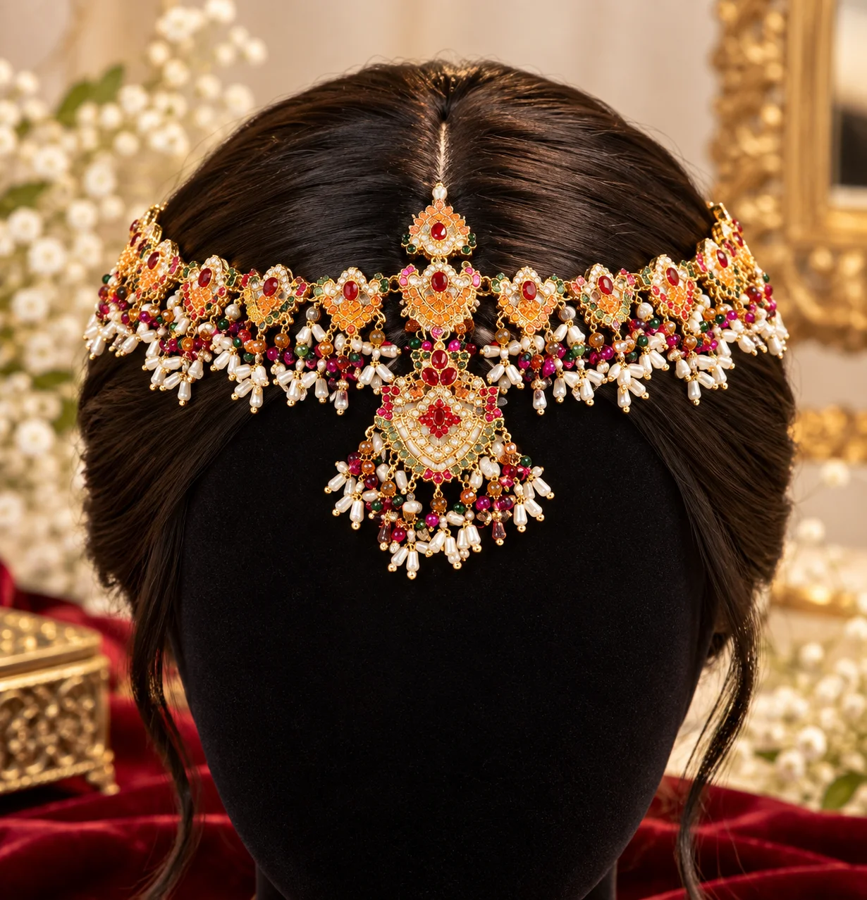 Traditional Party Wear Matha Patti – Multicolor Gold Pearl Headpiece