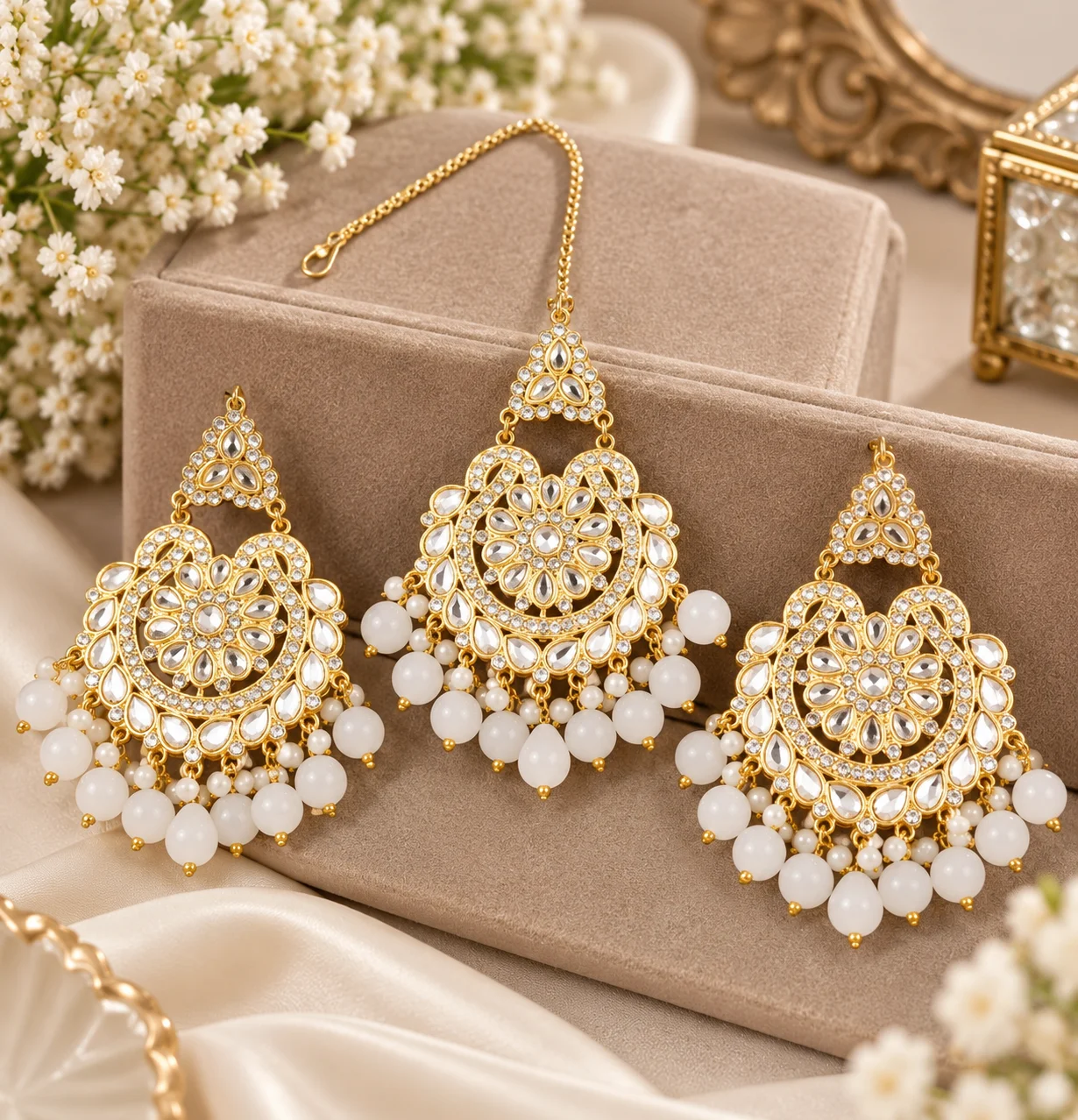 Kundan Maang Tikka & Earrings Set – White Beads Gold Tone