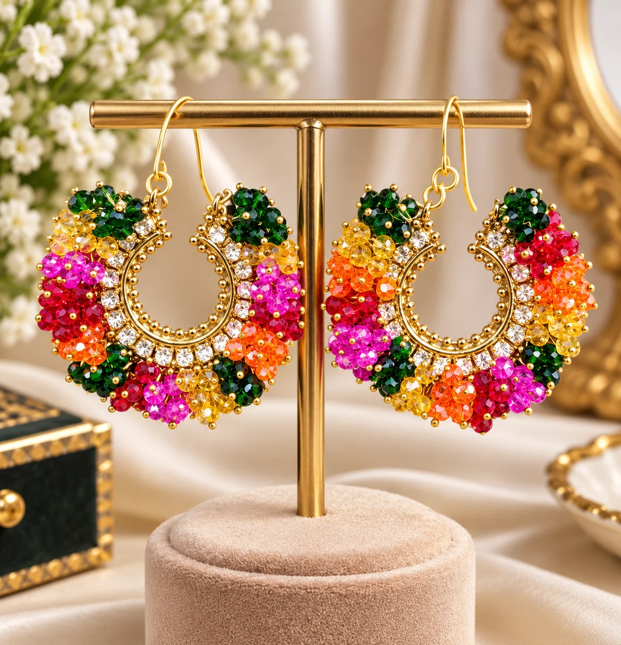 Multicolor Crystal Beaded Hoop Earrings – Gold Tone