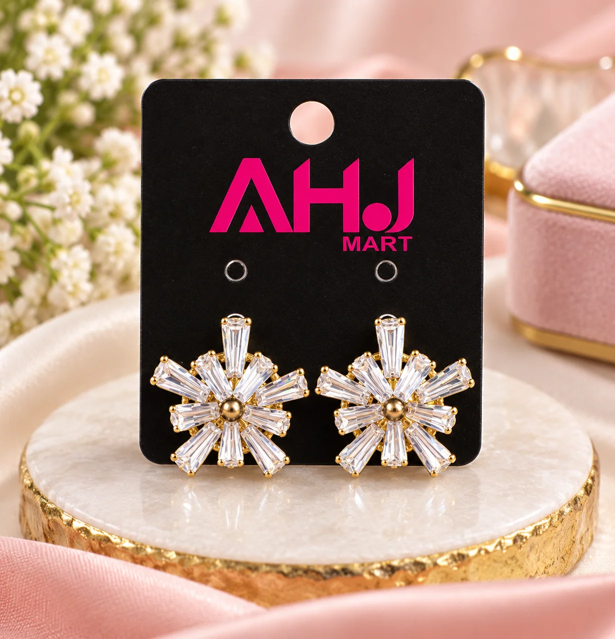 Crystal Flower Stud Earrings – Gold Tone