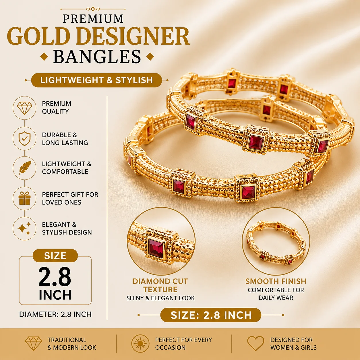 Premium Gold Designer Bangles Set – Ruby Stone & CZ Design | 2.4/2.6/2.8
