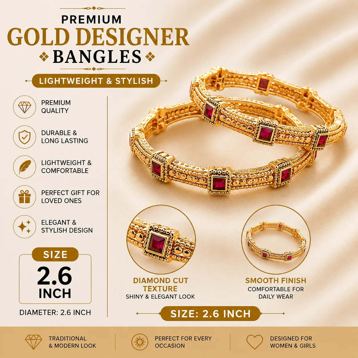 Premium Gold Designer Bangles Set – Ruby Stone & CZ Design | 2.4/2.6/2.8