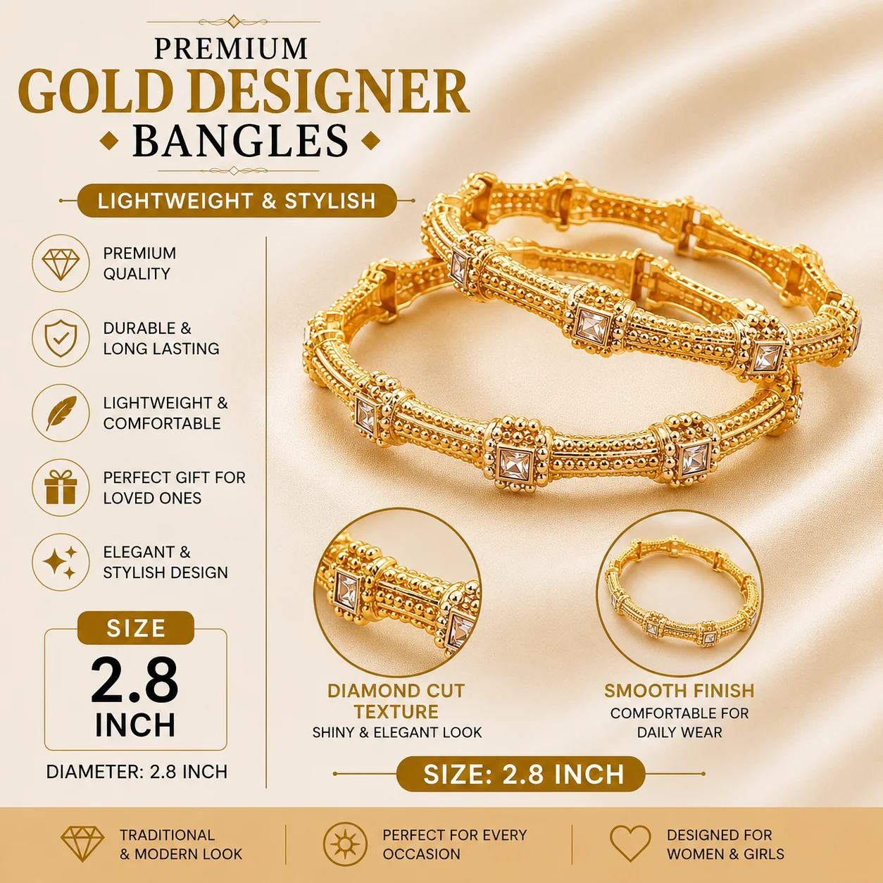Premium Gold Designer Bangles Set – Ruby Stone & CZ Design | 2.4/2.6/2.8