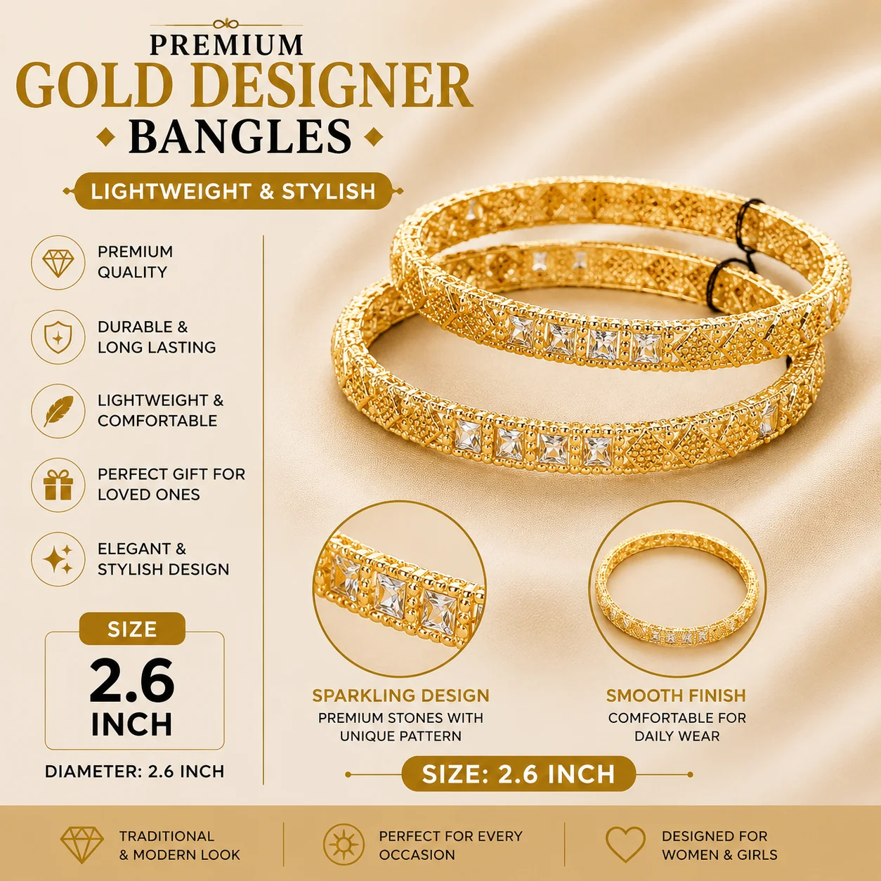 Premium Gold Designer Bangles – CZ Stone Diamond Cut | Size 2.6 Inch
