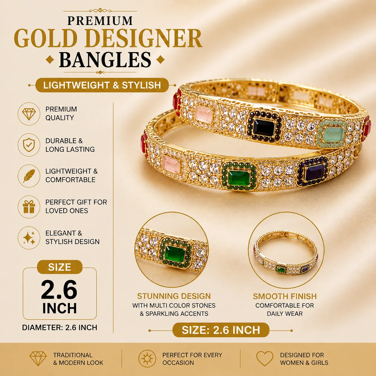Premium Gold Designer Bangles with Multi-Color Stones – Size 2.6 Inch