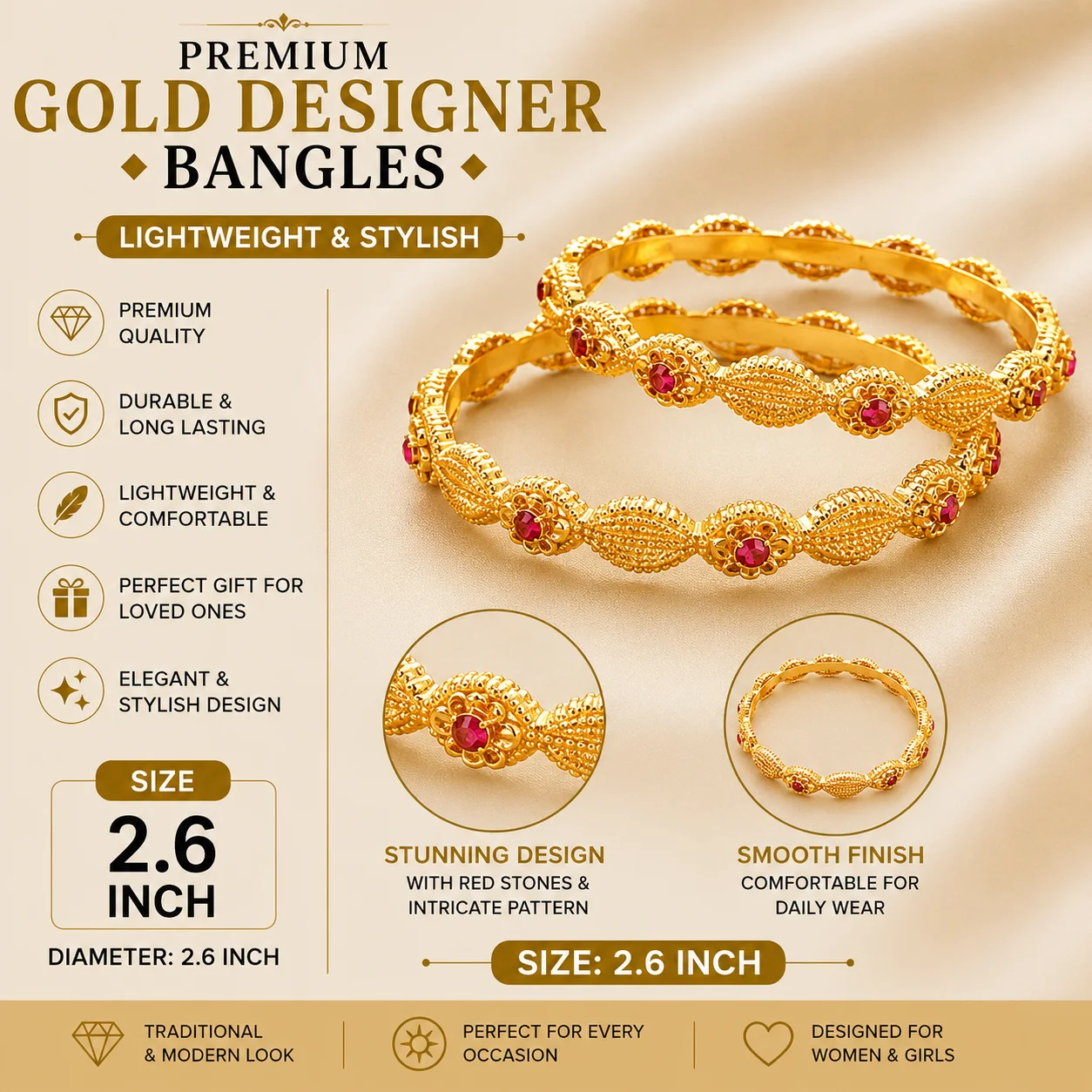 Premium Gold Designer Bangles with Ruby Stones – Elegant Traditional Design | Size 2.6 Inch
