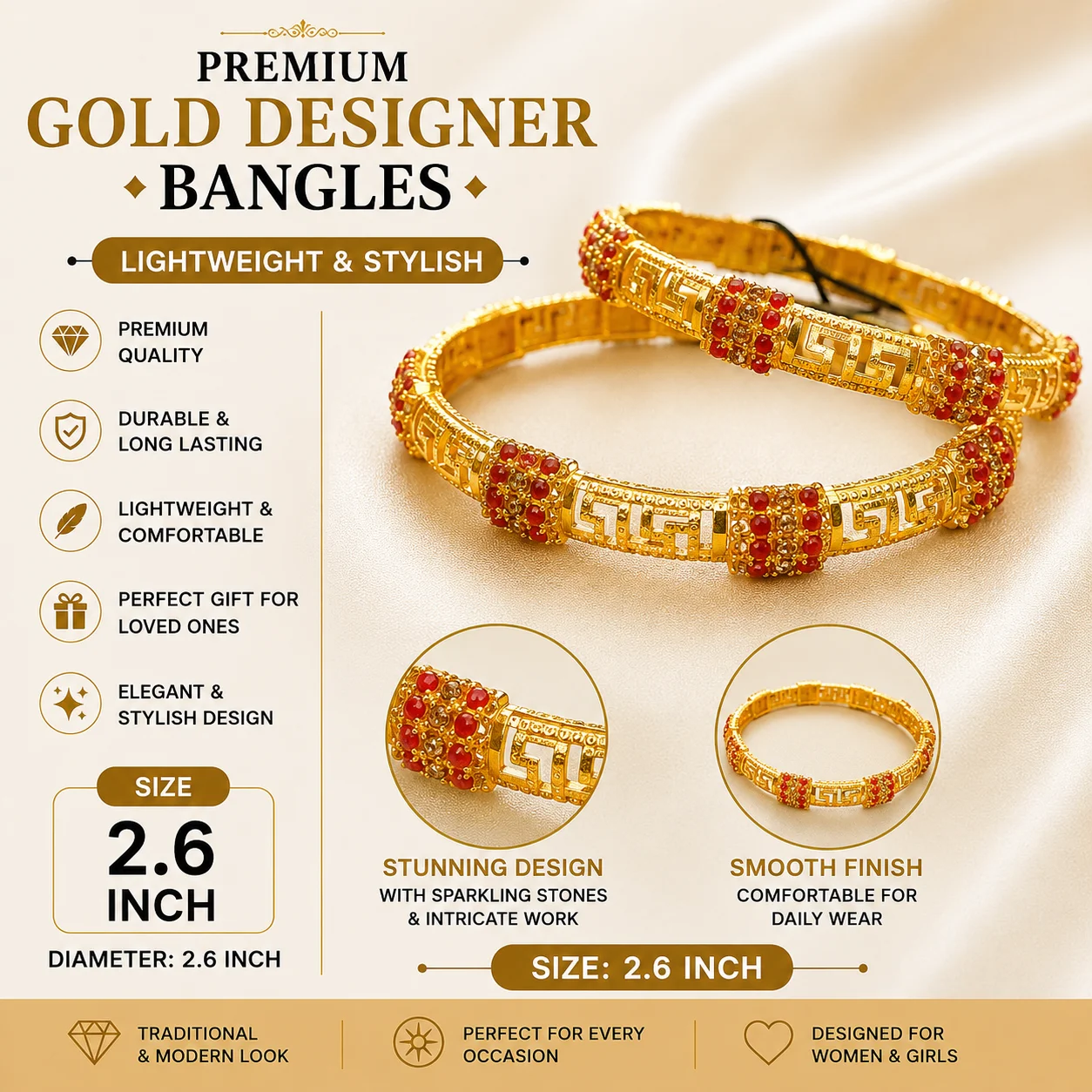 Premium Gold Designer Bangles – Red Stone Traditional Design | Size 2.6