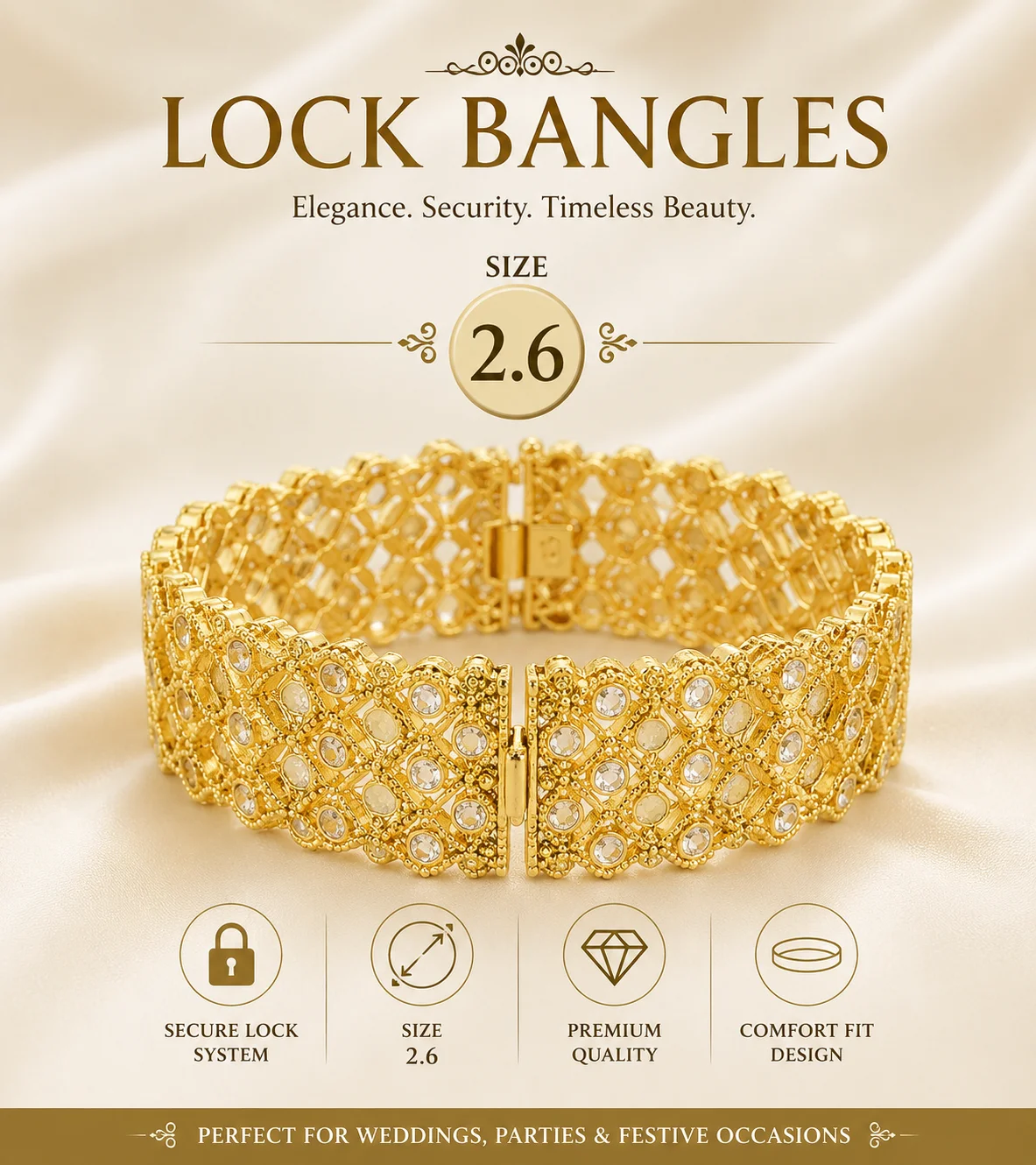 Luxury Gold Lock Bangles – Size 2.6