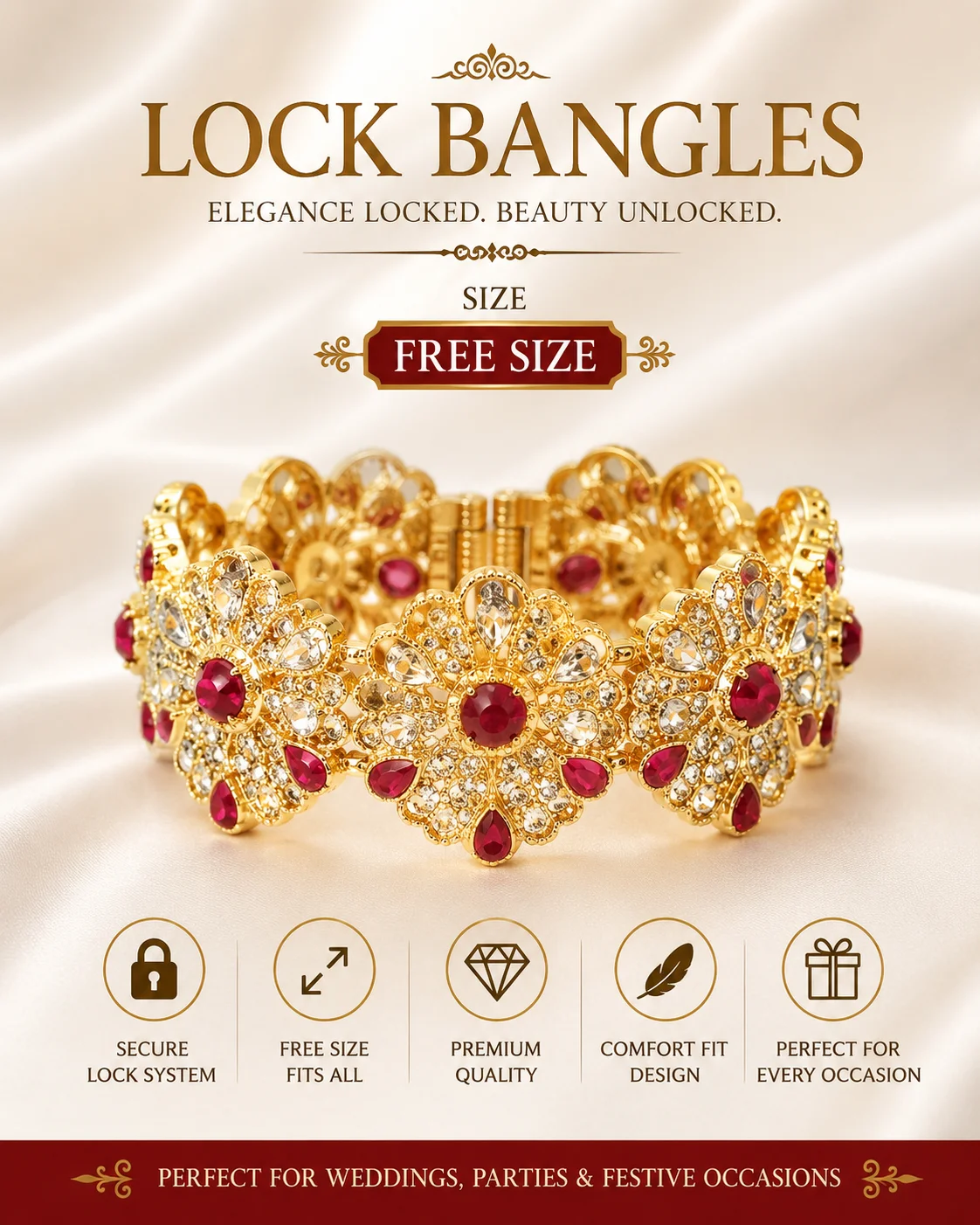 Luxury Floral Ruby Lock Bangles – Free Size