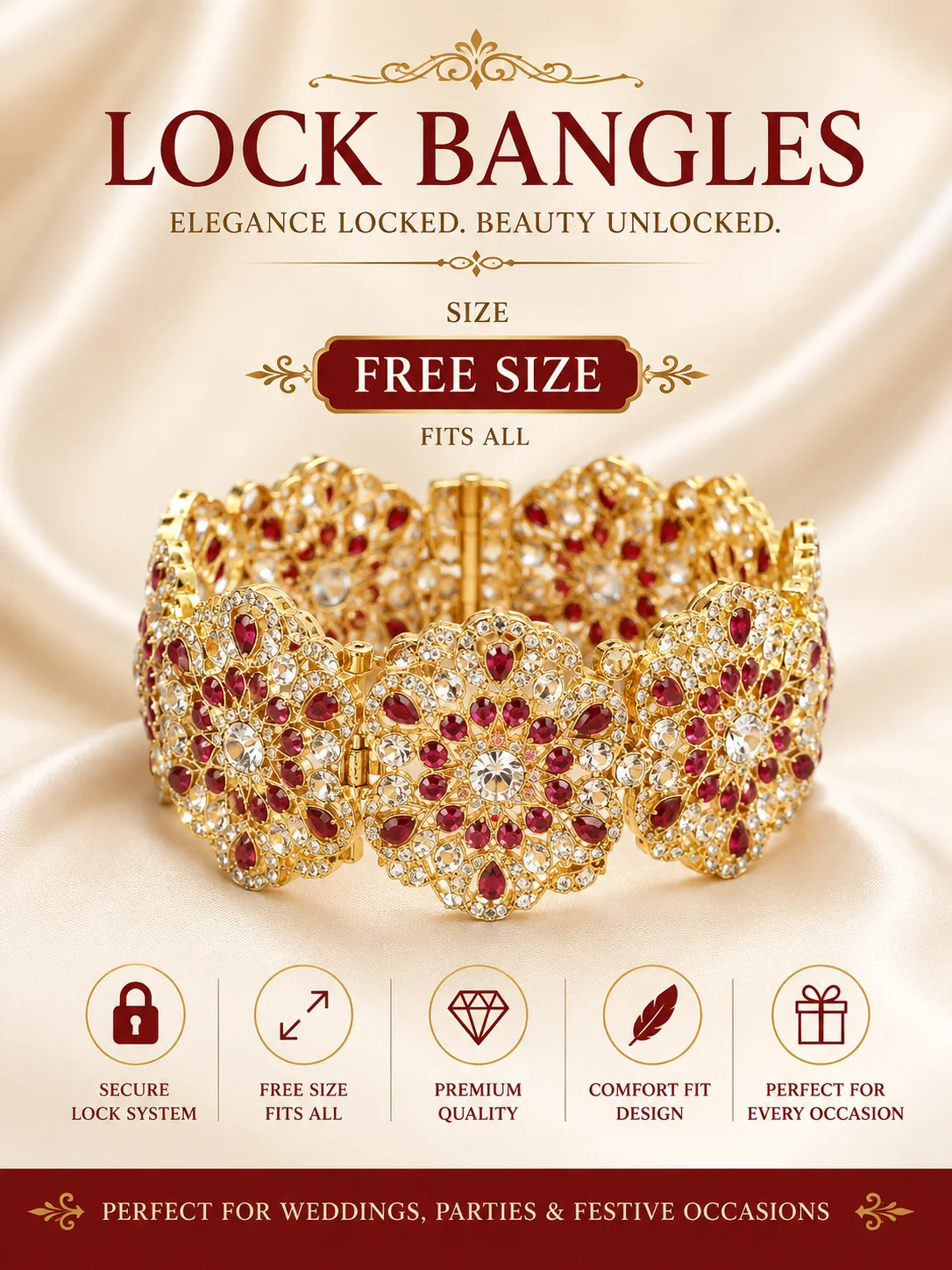 Luxury Floral Ruby Lock Bangles – Free Size