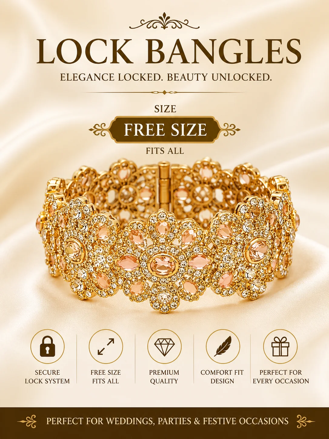 Luxury Floral Crystal Lock Bangles – Free Size
