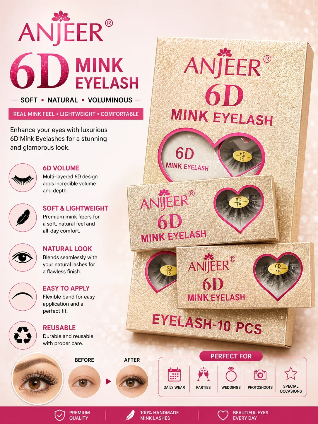 ANJEER 6D False Eyelashes – Soft Natural Reusable Lashes