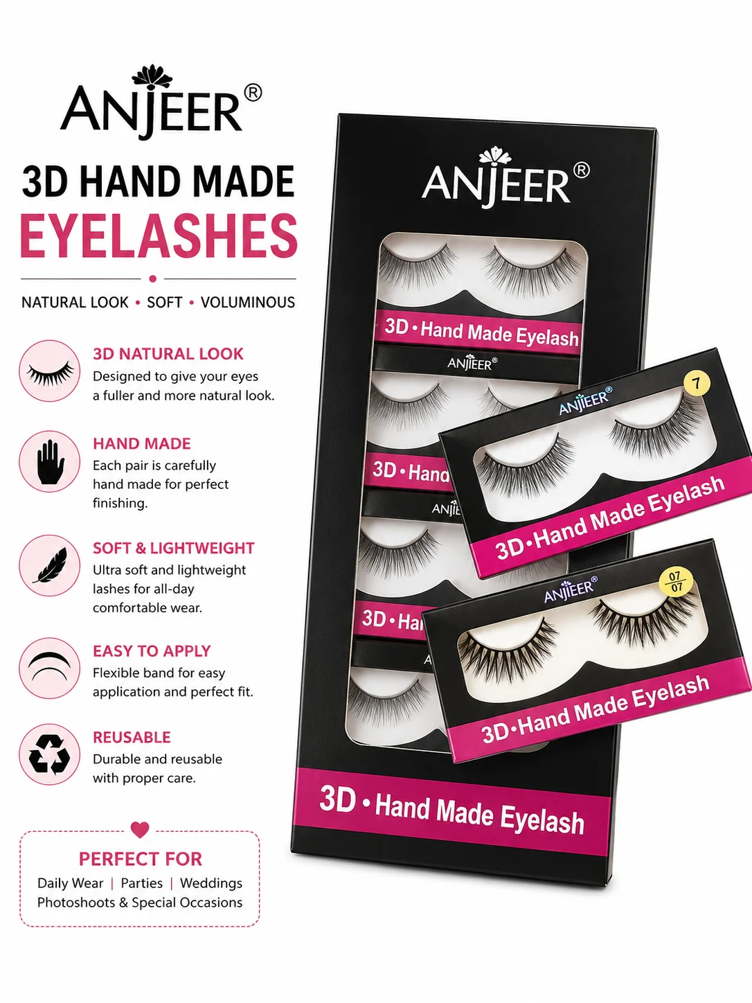 ANJEER 3D Hand Made Eyelashes – Soft Natural Reusable Lashes