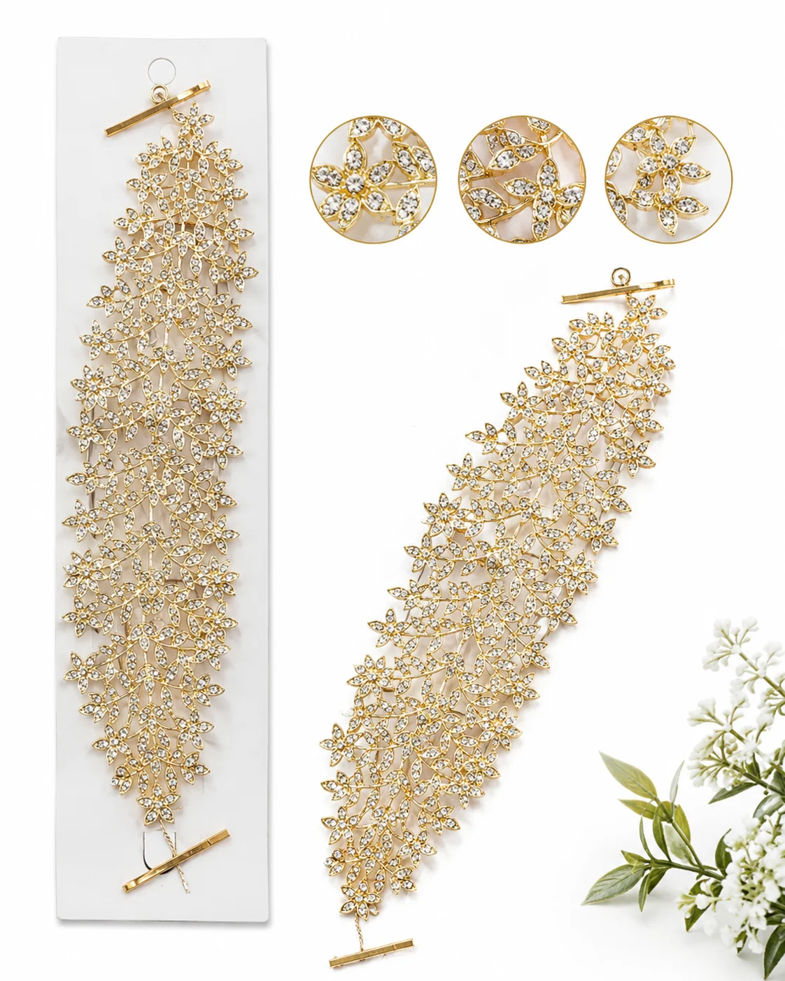 Luxury Gold Floral Rhinestone Bridal Hair Vine