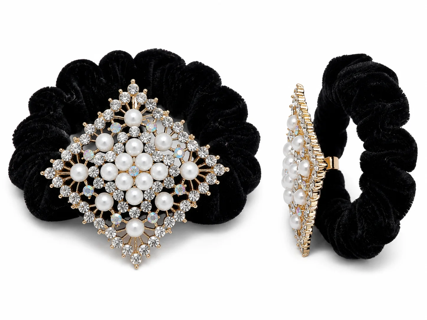 Luxury Pearl & Crystal Velvet Hair Scrunchies – 2 Design