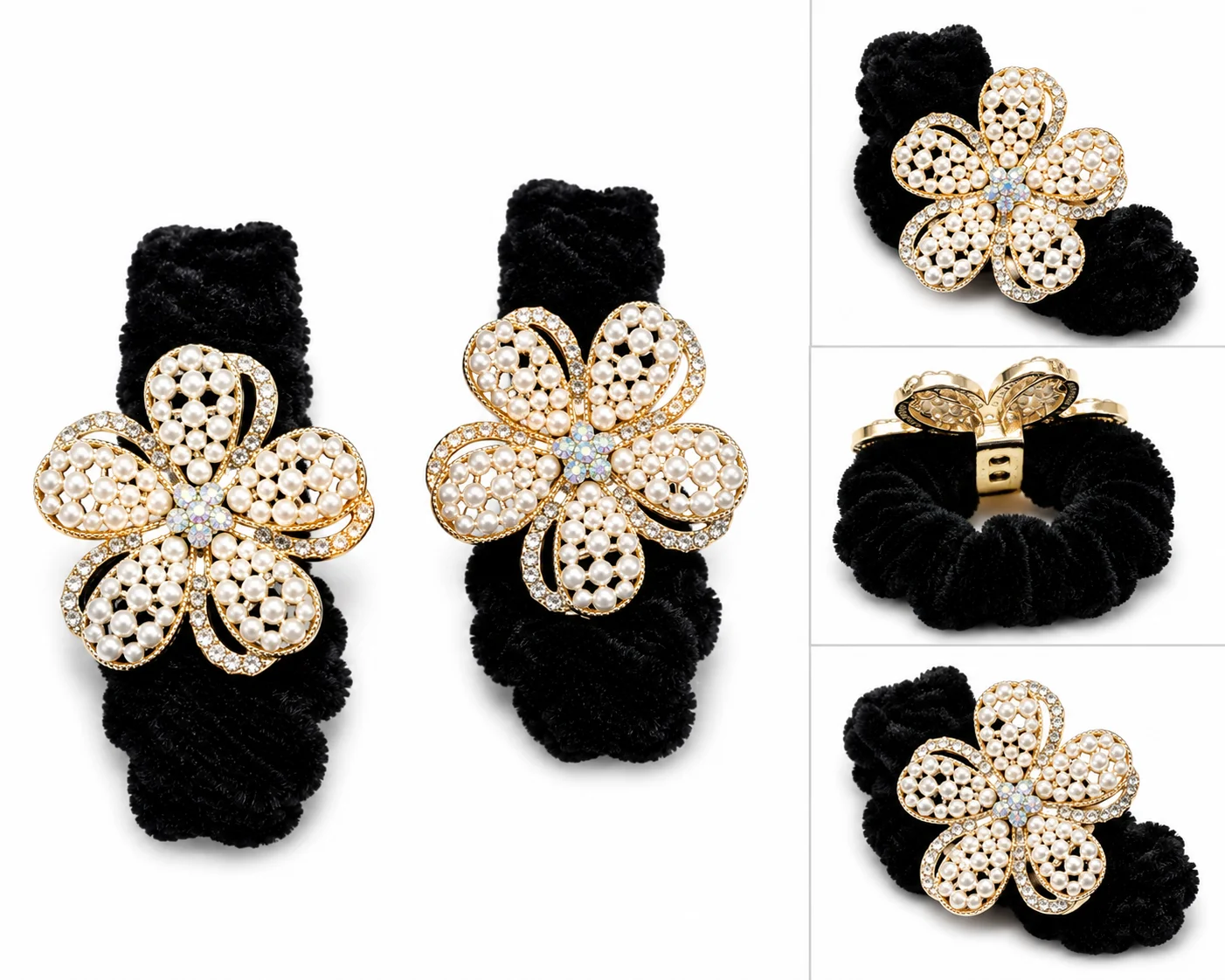 Elegant Pearl Flower Velvet Scrunchie Hair Band