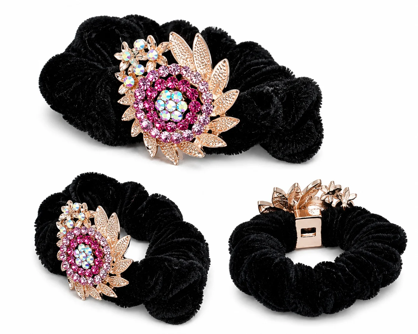 Luxury Rose Gold Crystal Flower Velvet Hair Scrunchie