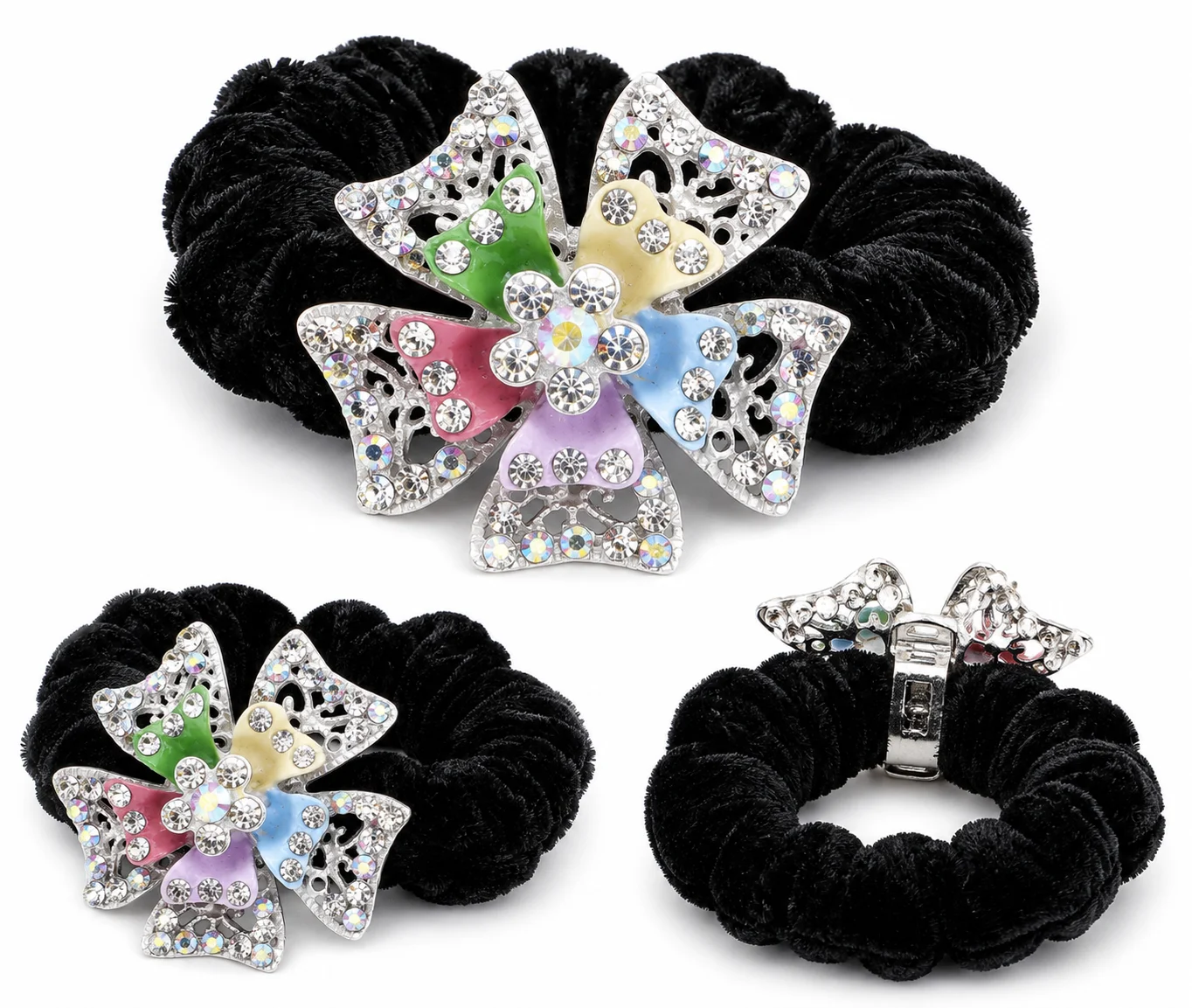 Luxury Crystal Rainbow Flower Velvet Hair Scrunchie