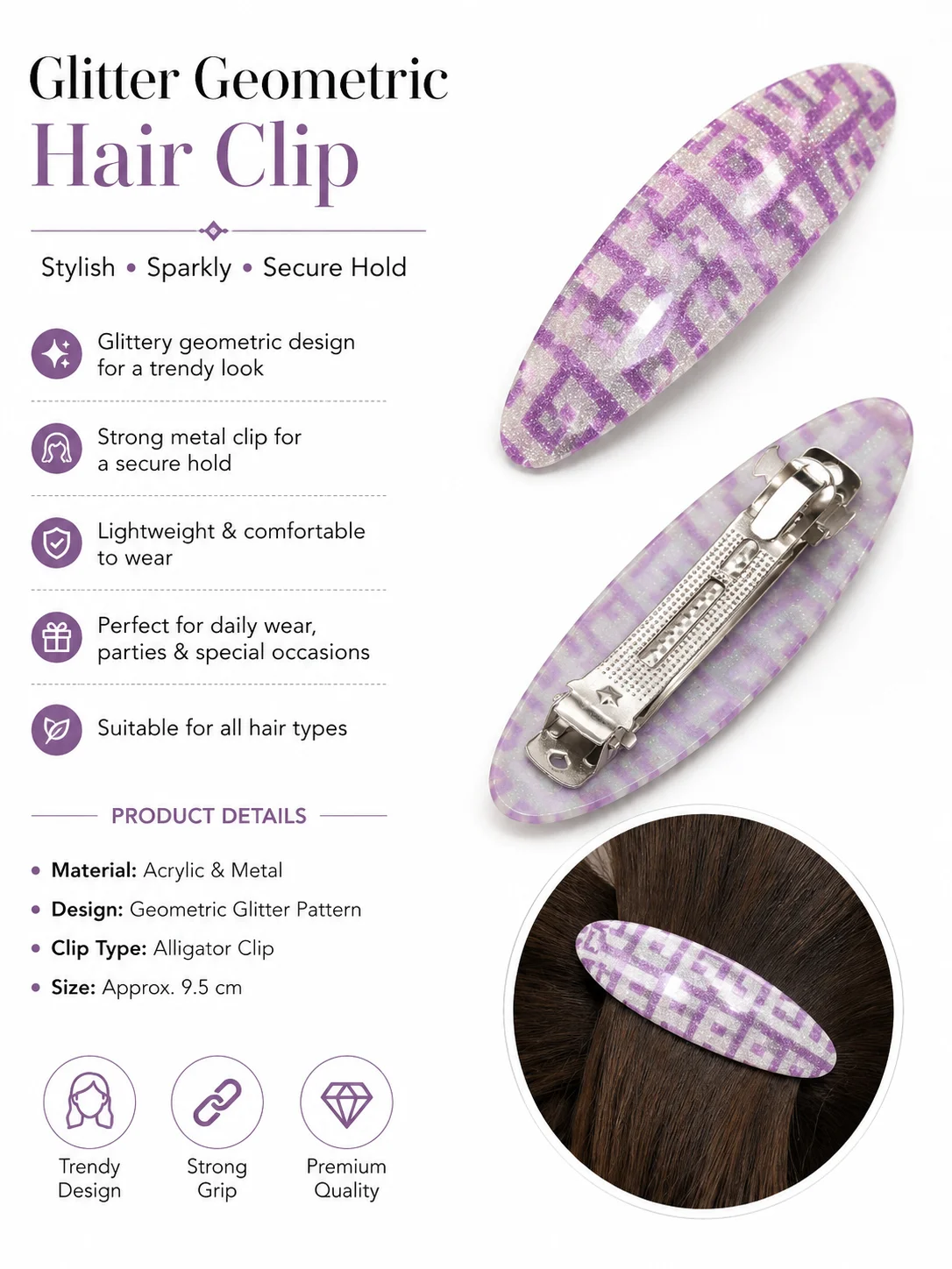 Elegant Glitter Oval Hair Barrette Clip