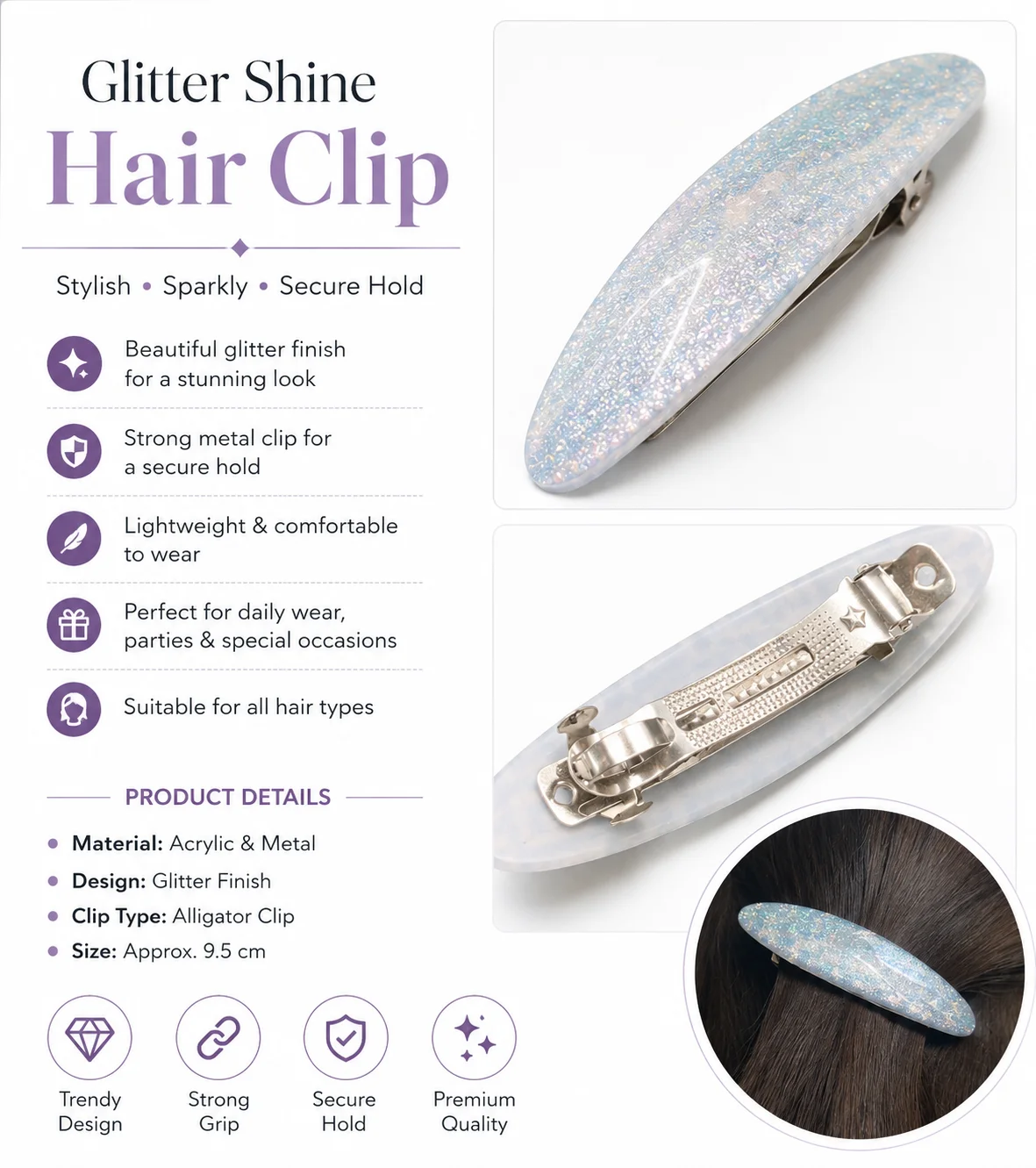 Elegant Glitter Oval Hair Barrette Clip