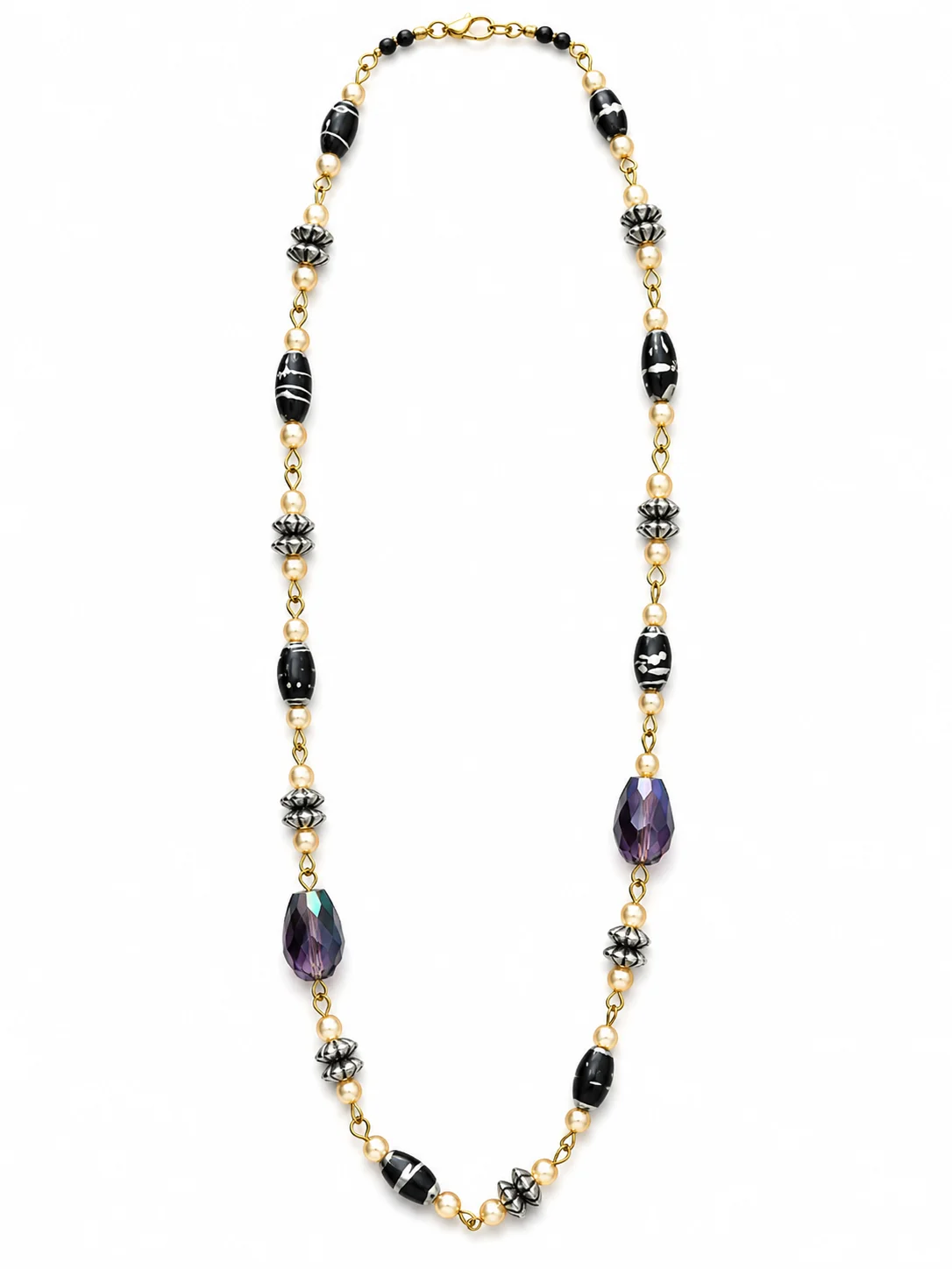 Elegant Black & Gold Beaded Necklace with Crystal Drops