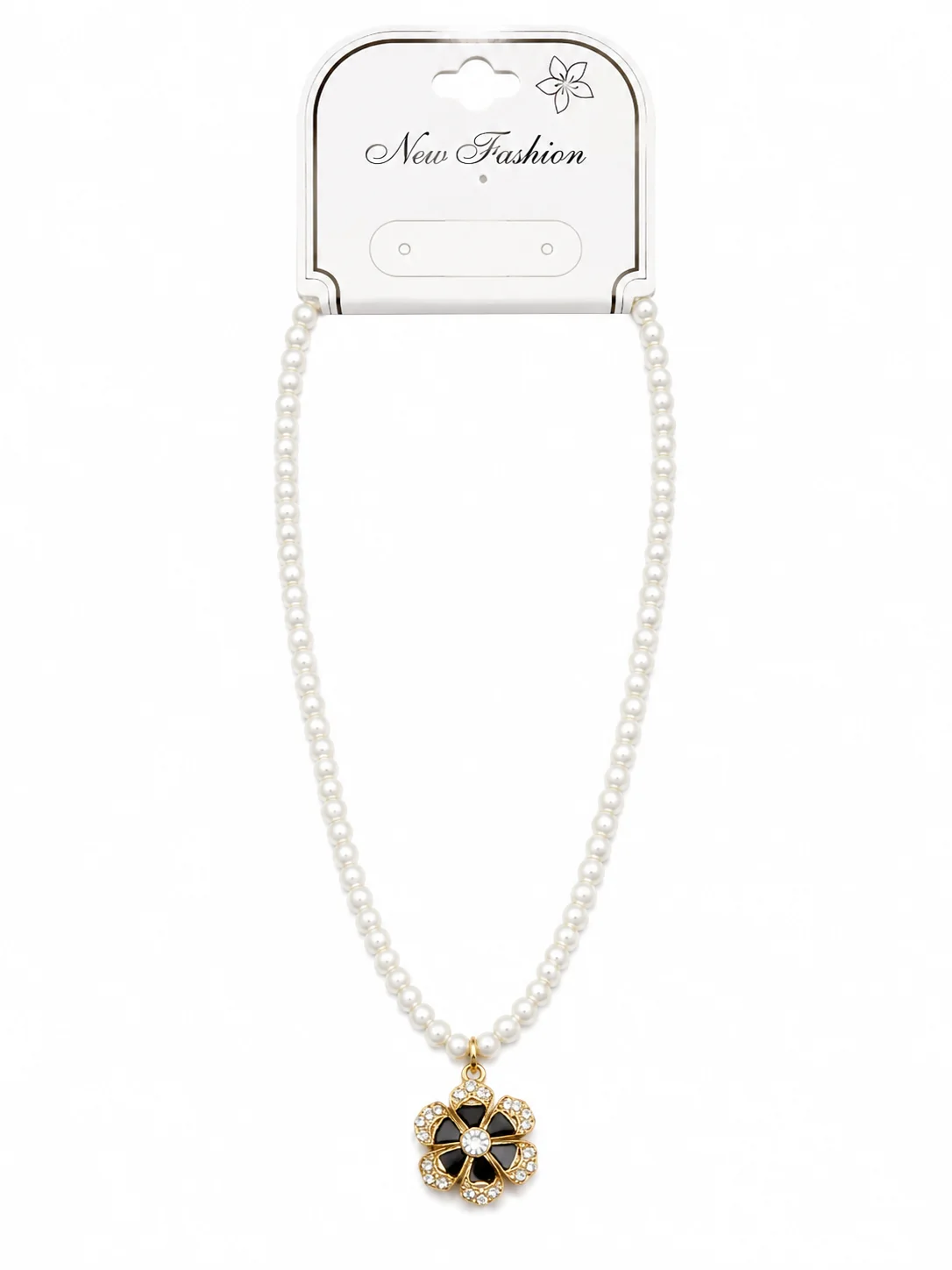 Elegant Pearl Necklace with Black Floral Pendant