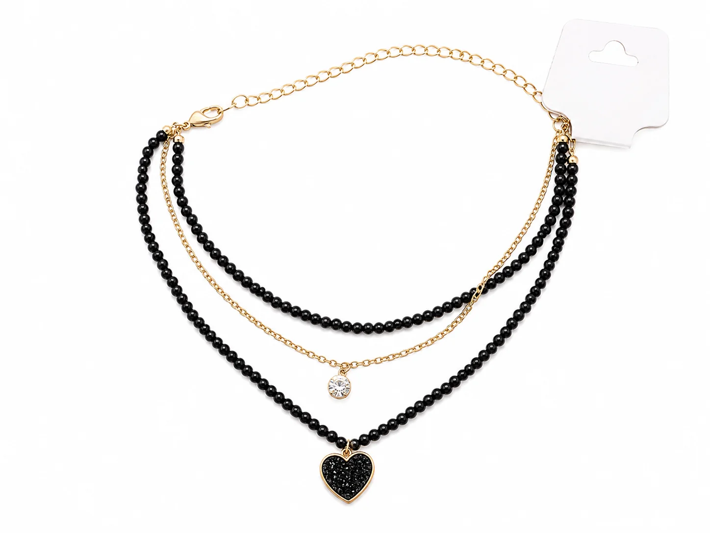 Elegant Black Beaded Layered Necklace with Heart Pendant