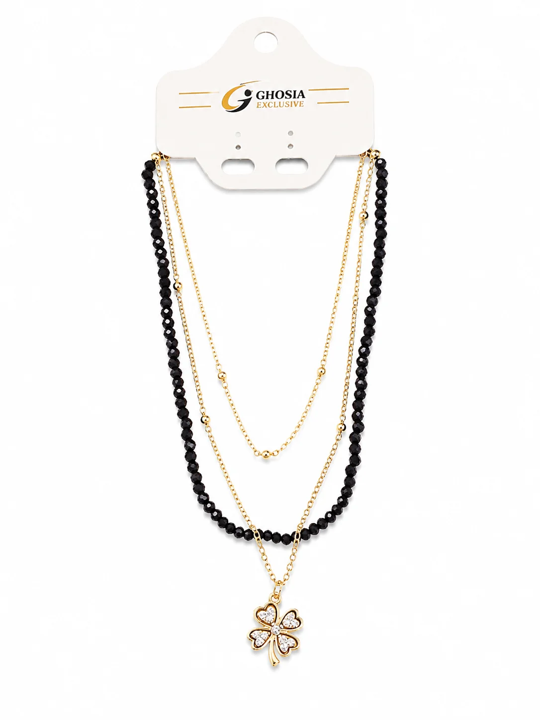 Elegant Black Beaded Layered Necklace with Crystal Clover Pendant