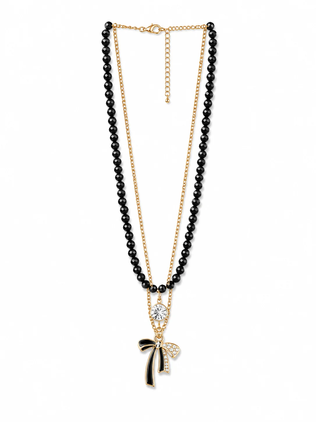 Elegant Black Beaded Bow Pendant Necklace