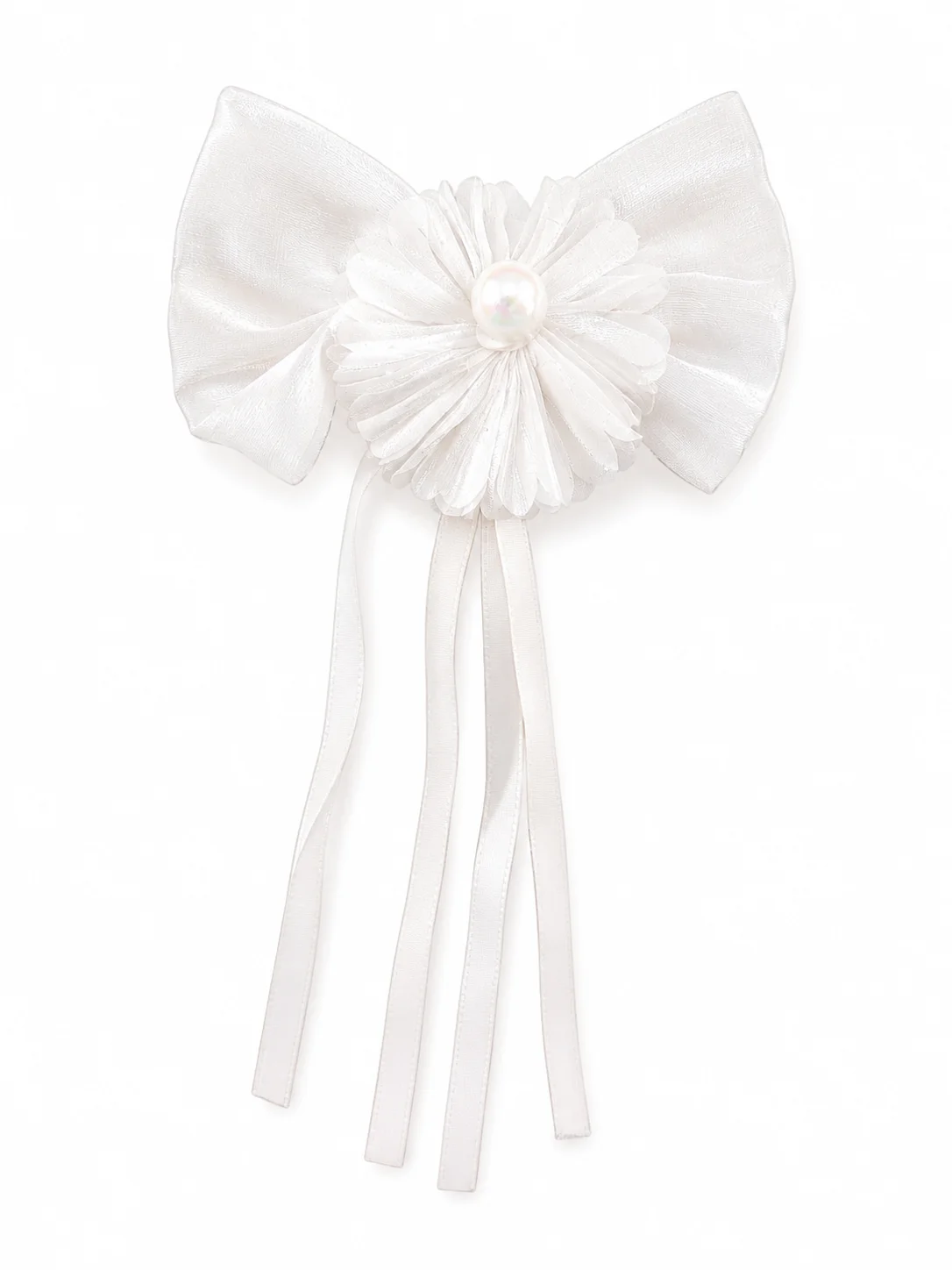 Elegant White Ribbon Bow Hair Clip with Pearl Center