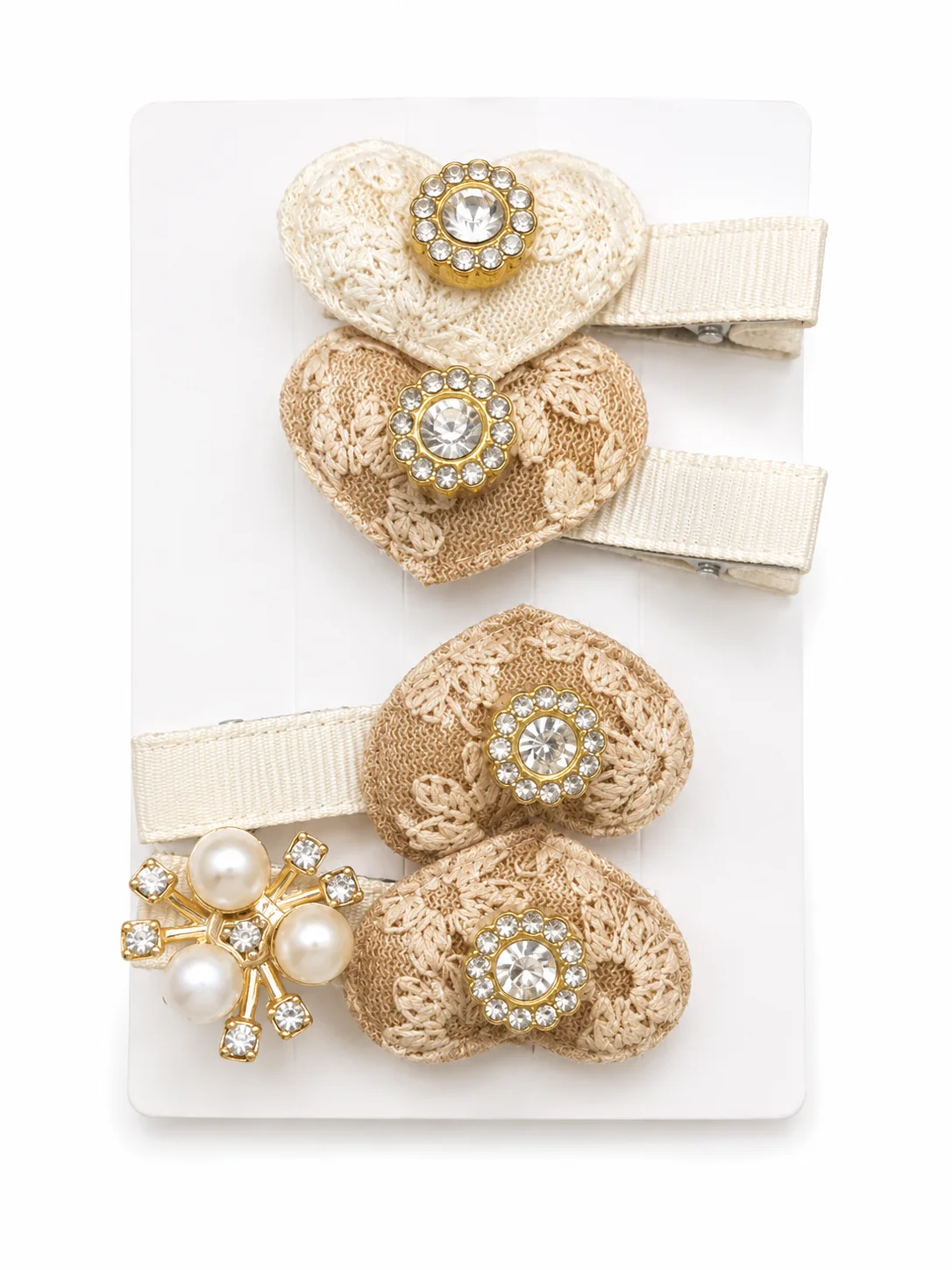 Vintage Lace Heart Hair Clip Set with Pearl & Crystal Accent