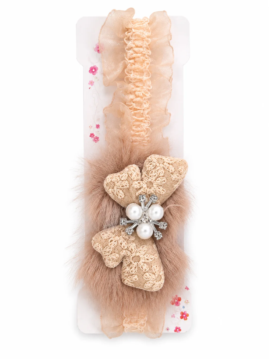 Luxury Fur Bow Baby Headband with Pearl Crystal Brooch