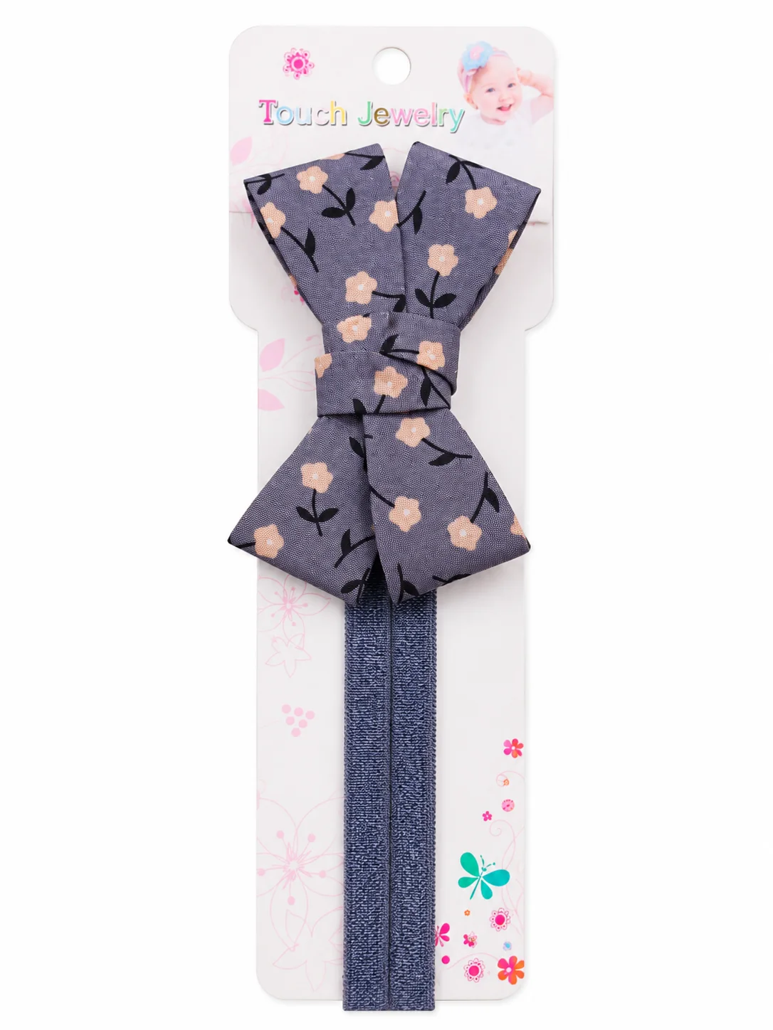 Floral Grey Bow Baby Headband – Soft Stretch Hair Accessory
