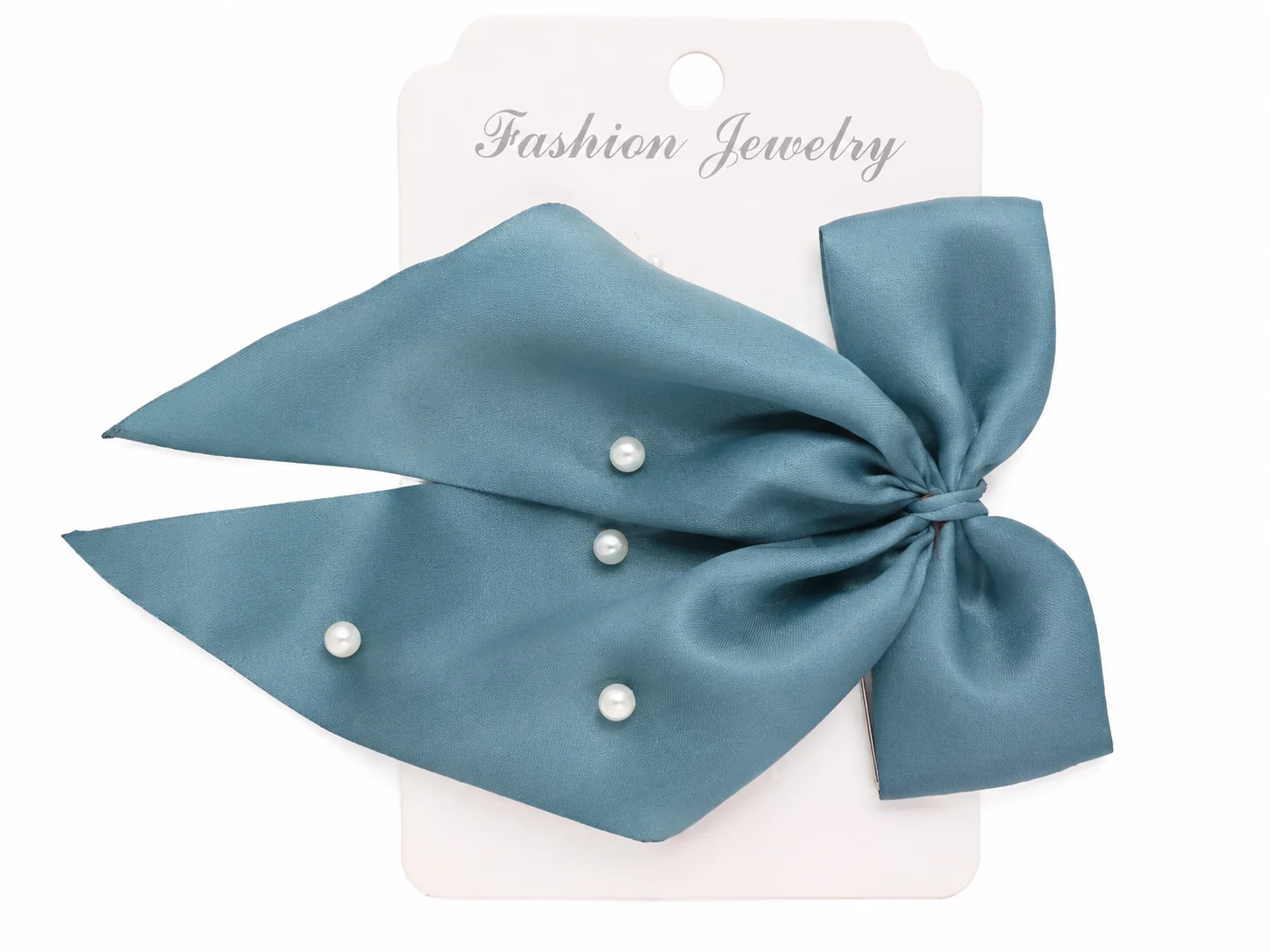 Elegant Pearl Satin Bow Hair Clip – Sky Blue