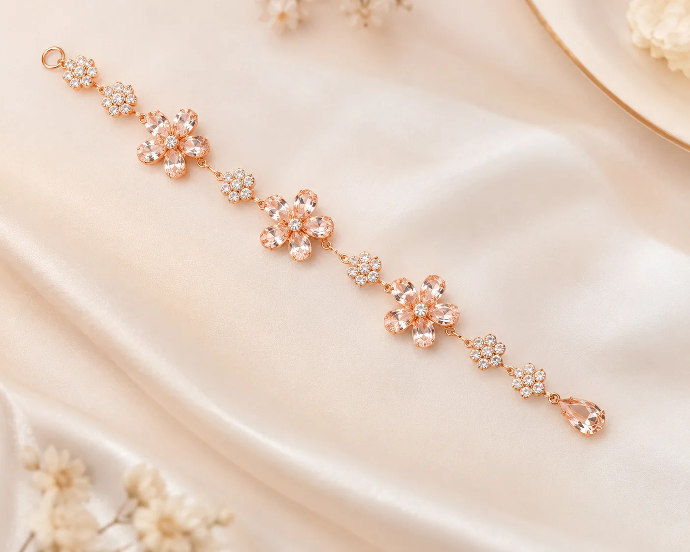 Rose Gold Crystal Floral Hair Lari – Bridal Hair Accessory