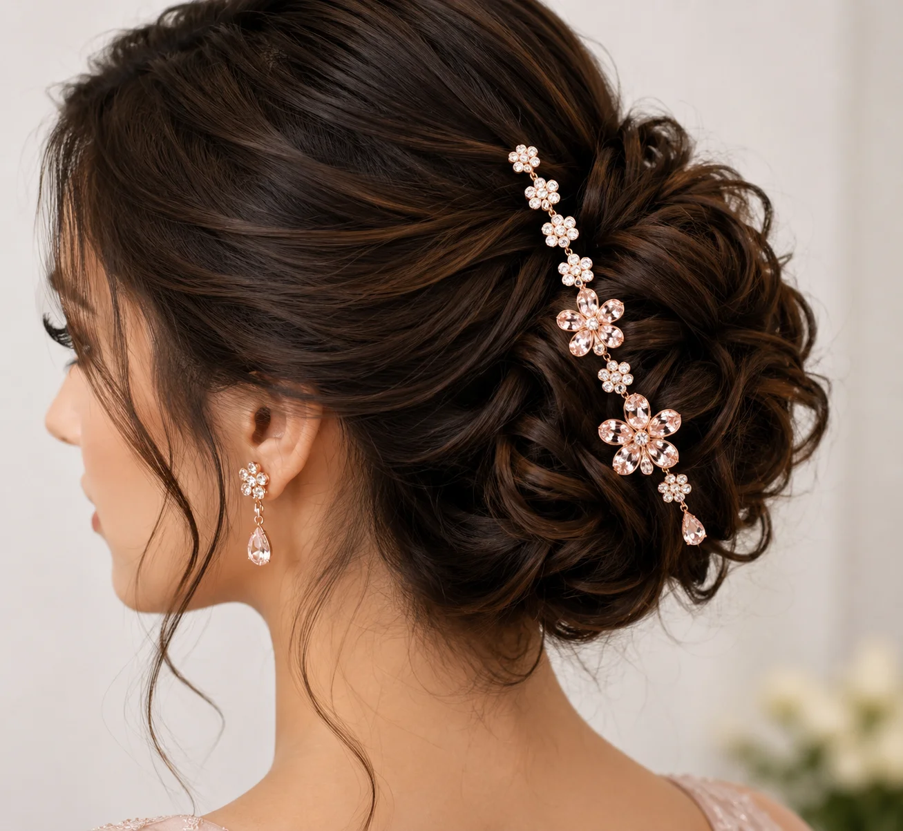 Rose Gold Crystal Floral Hair Lari – Bridal Hair Accessory