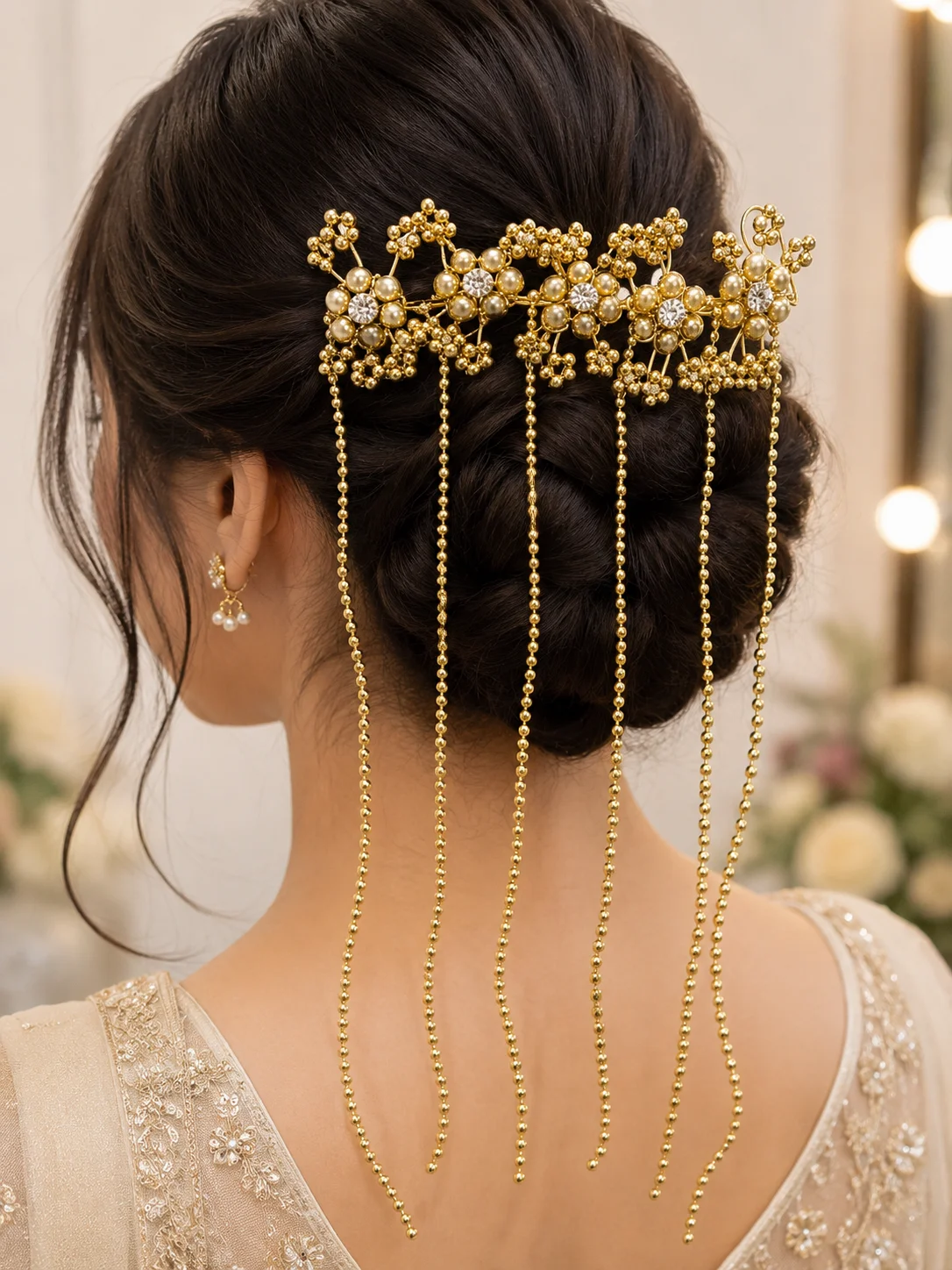Elegant Pearl Flower Bridal Hair Comb with Long Pearl Tassels
