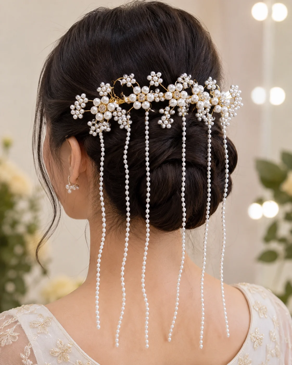 Elegant Pearl Flower Bridal Hair Comb with Long Pearl Tassels
