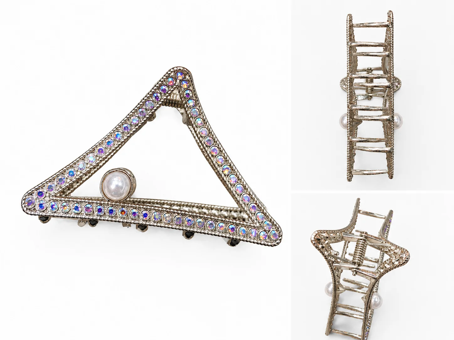 Luxury Triangle Rhinestone Hair Claw Clip with Pearl Accent