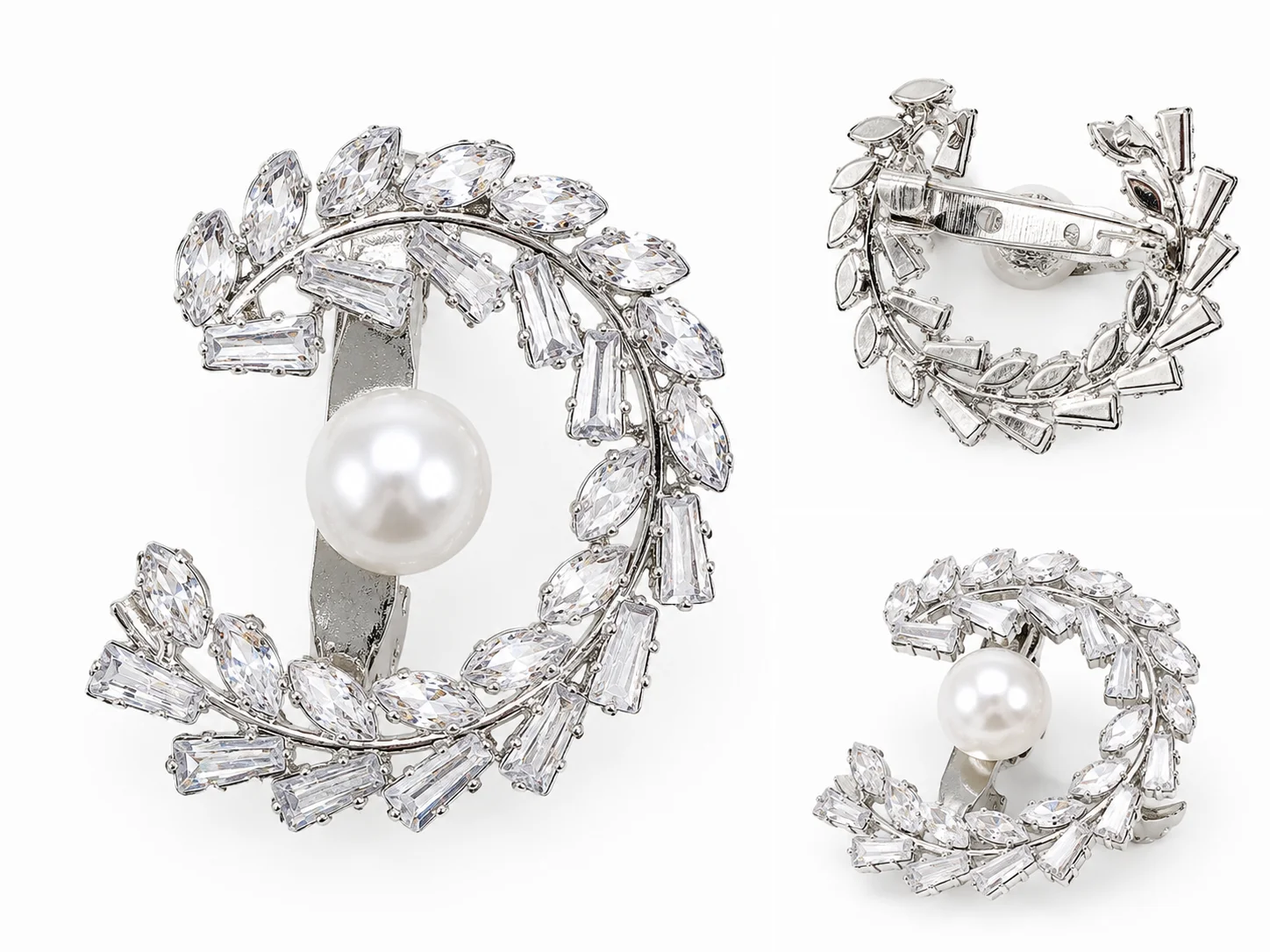 Luxury Crystal Pearl Wreath Brooch Pin – Gold & Silver Finish