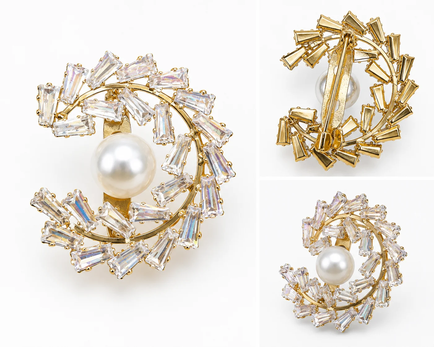 Luxury Crystal Pearl Wreath Brooch Pin – Gold & Silver Finish