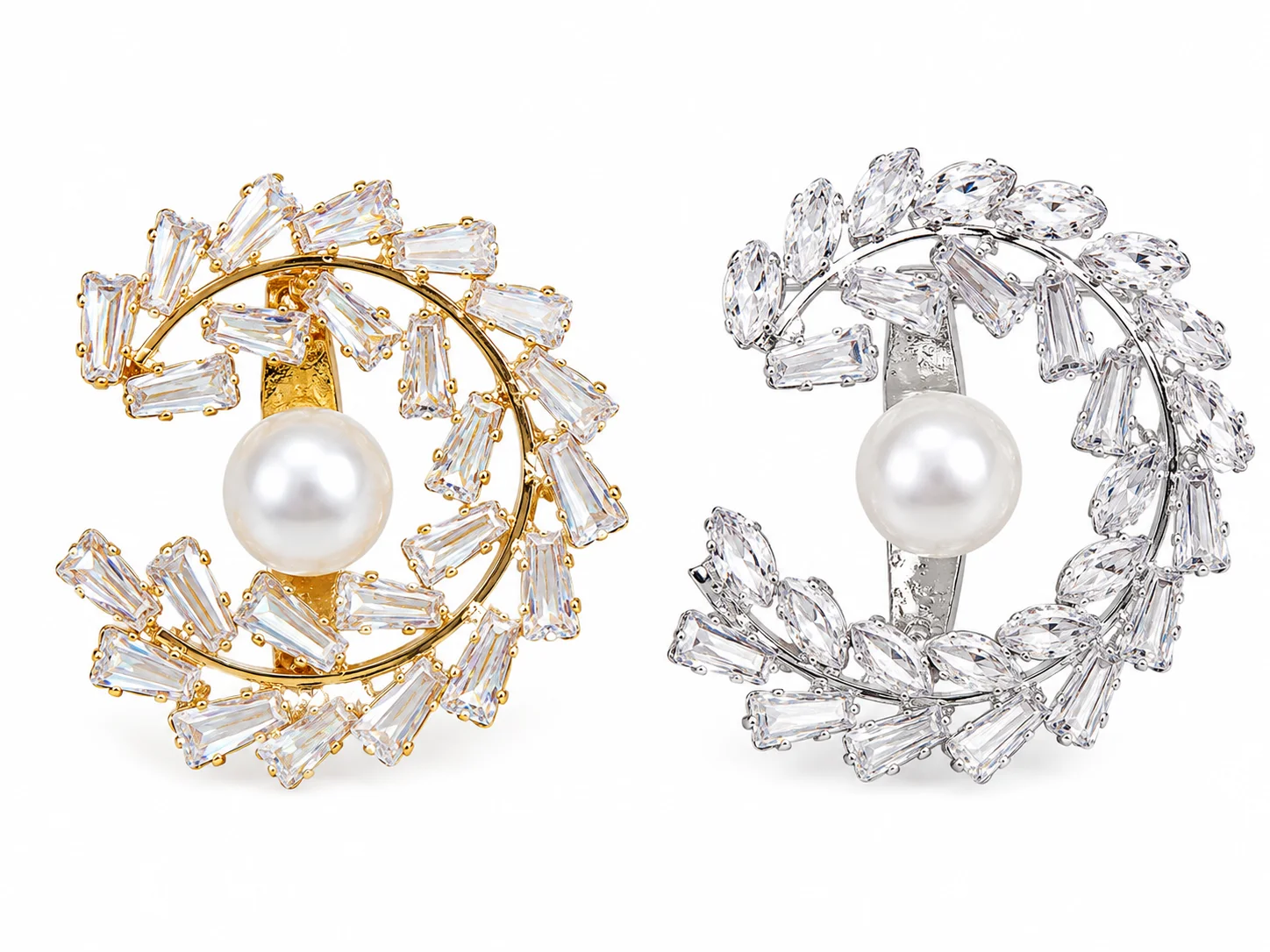 Luxury Crystal Pearl Wreath Brooch Pin – Gold & Silver Finish