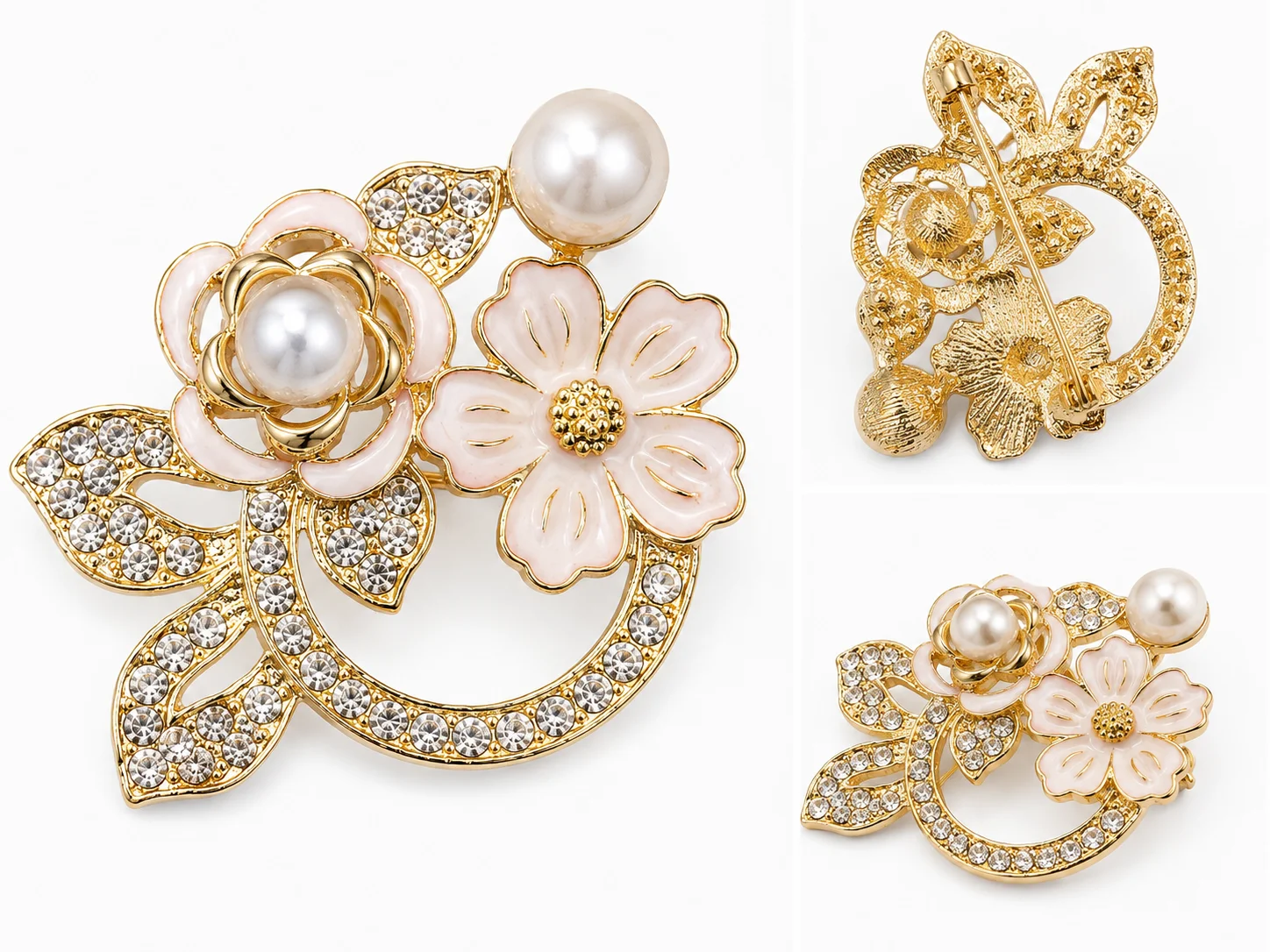 Luxury Floral Pearl Crystal Brooch Pin for Women – Gold Finish